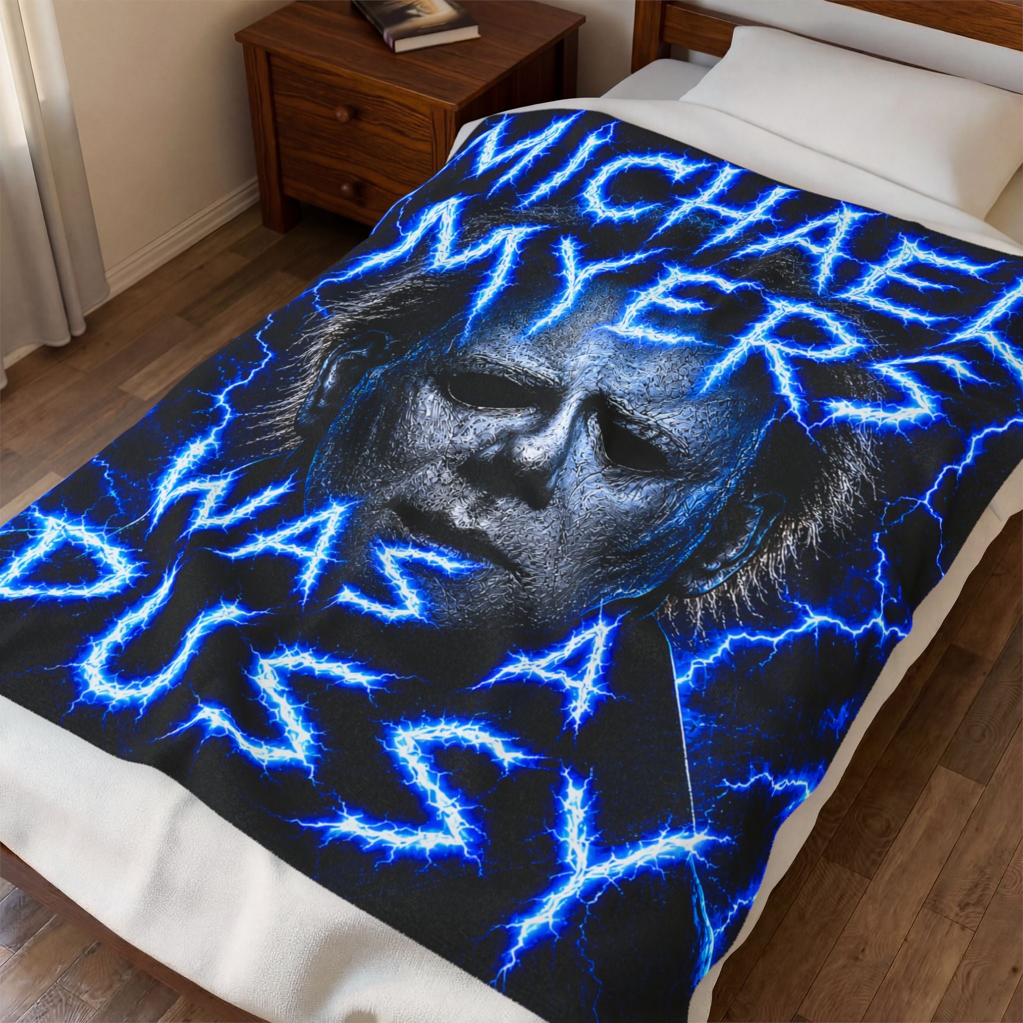 Michael Myers Graphic Plush Blanket — Horror Movie Velvet Throw with Bold Text