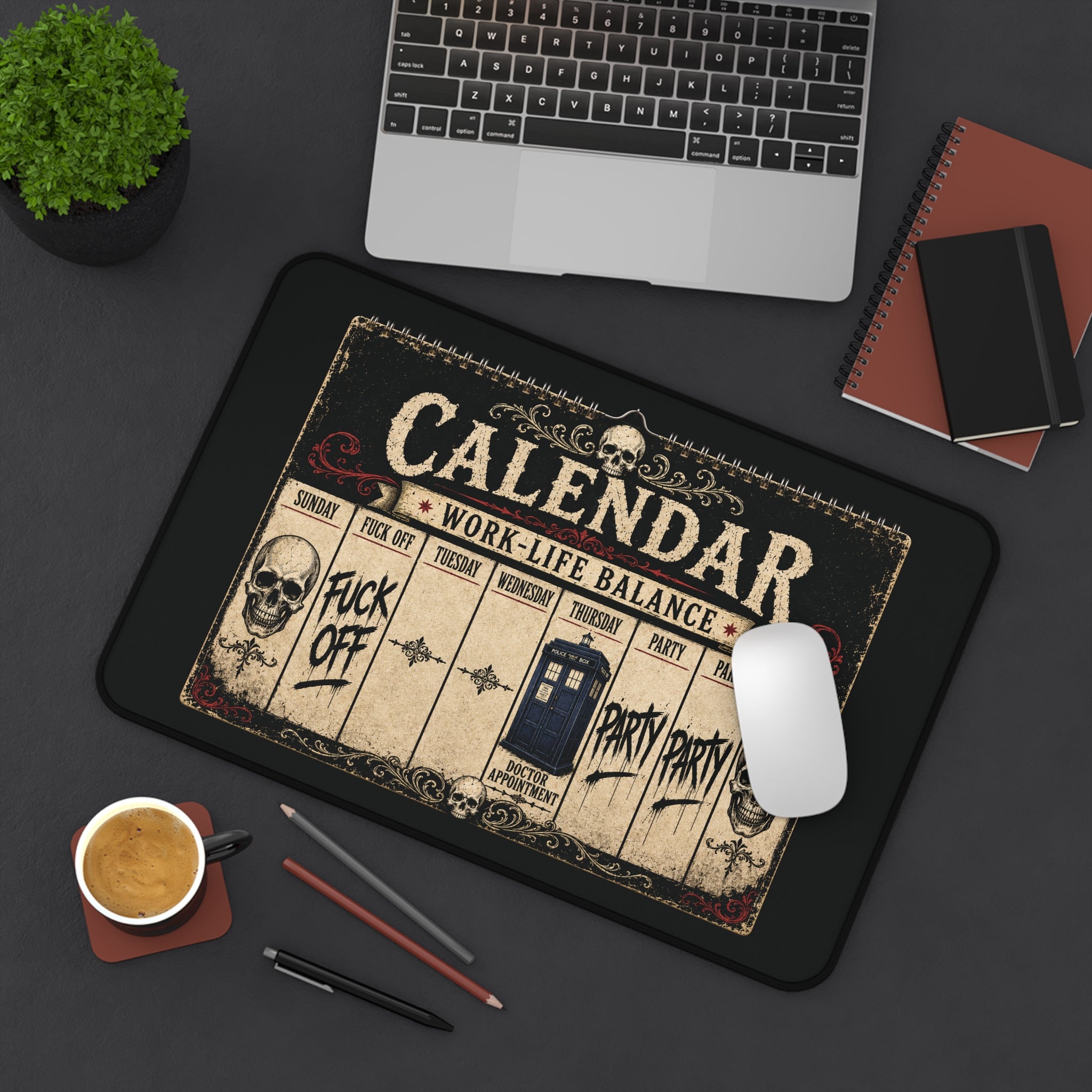 Desk Mat - 'Calendar Work-Life Balance' Funny Gothic Skull & TARDIS Gaming Desk Mat