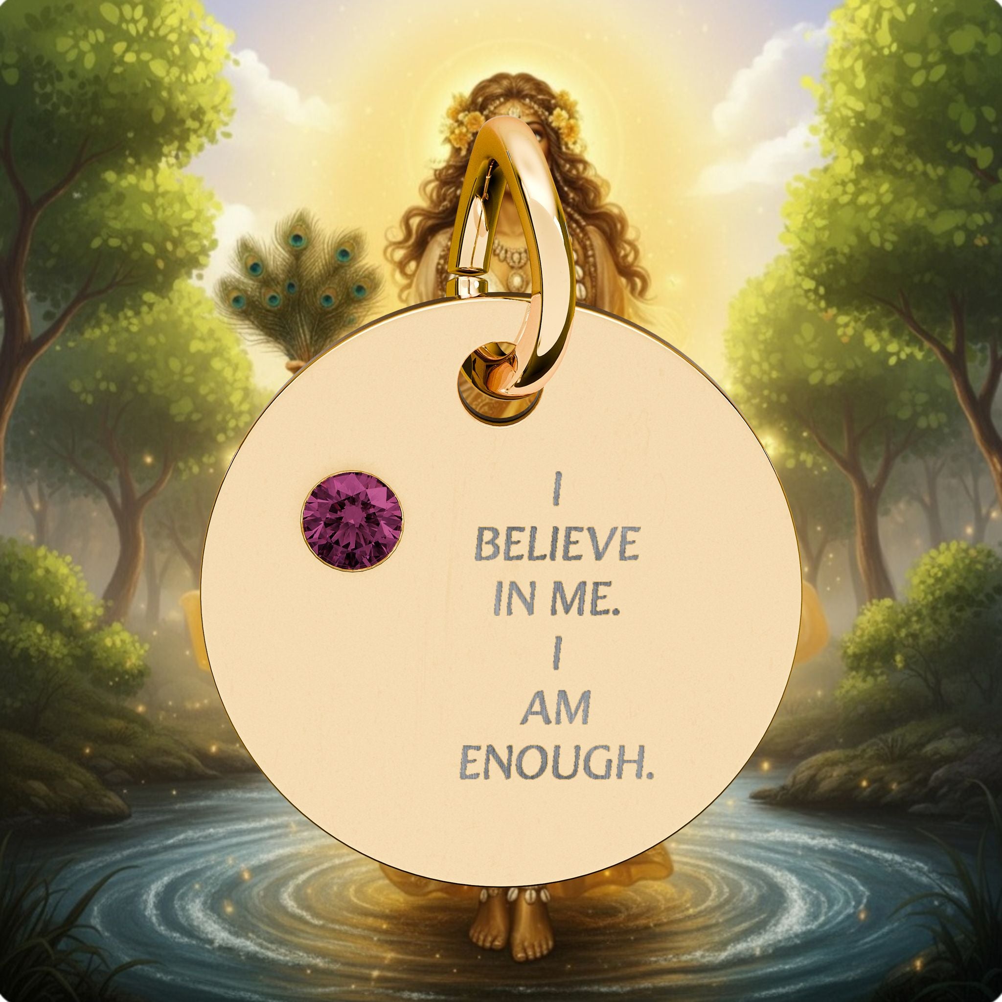 Engraved Birthstone Circle Charm — "I Believe in Me, I Am Enough"