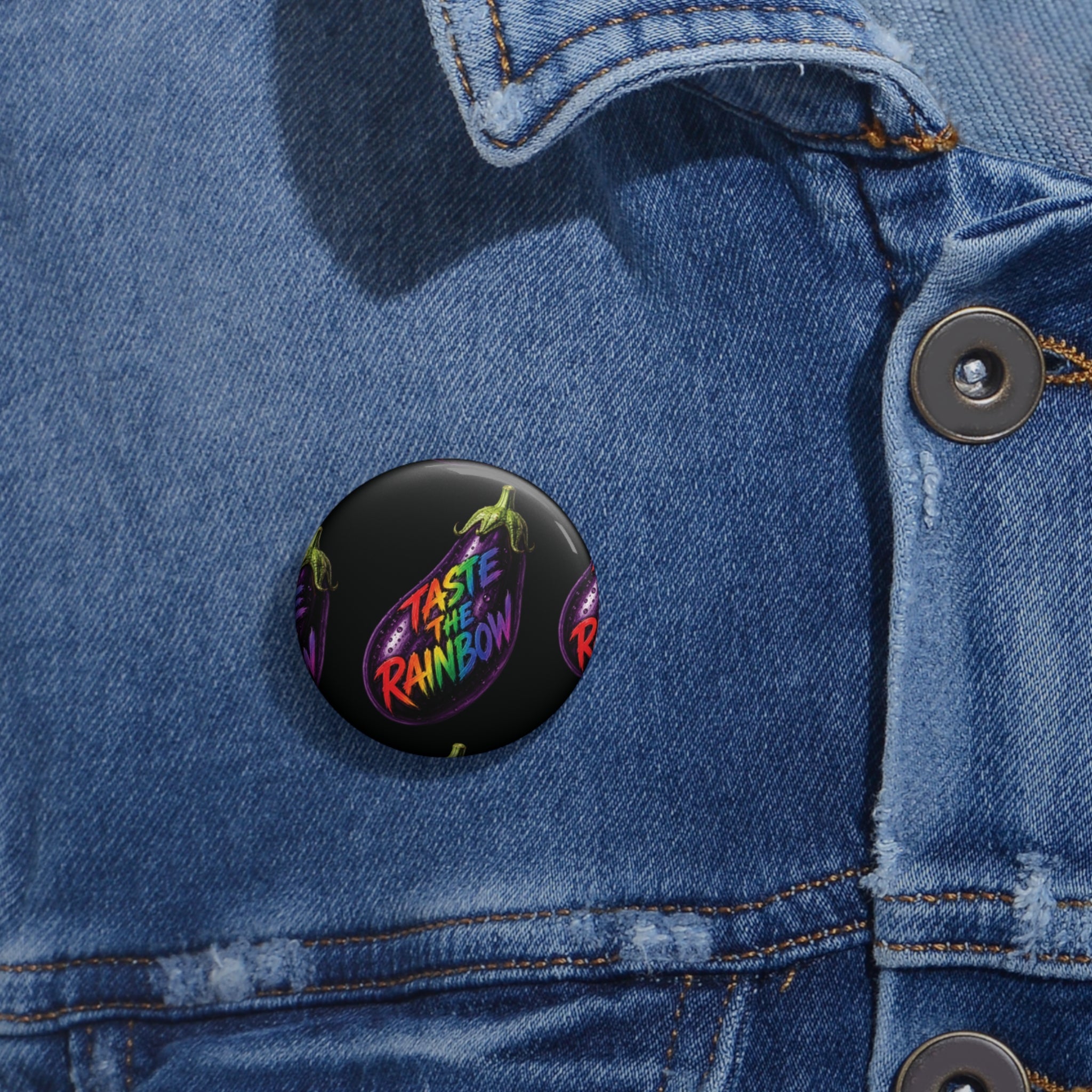 Taste the Rainbow Pin Button — Colorful Eggplant Rainbow Badge