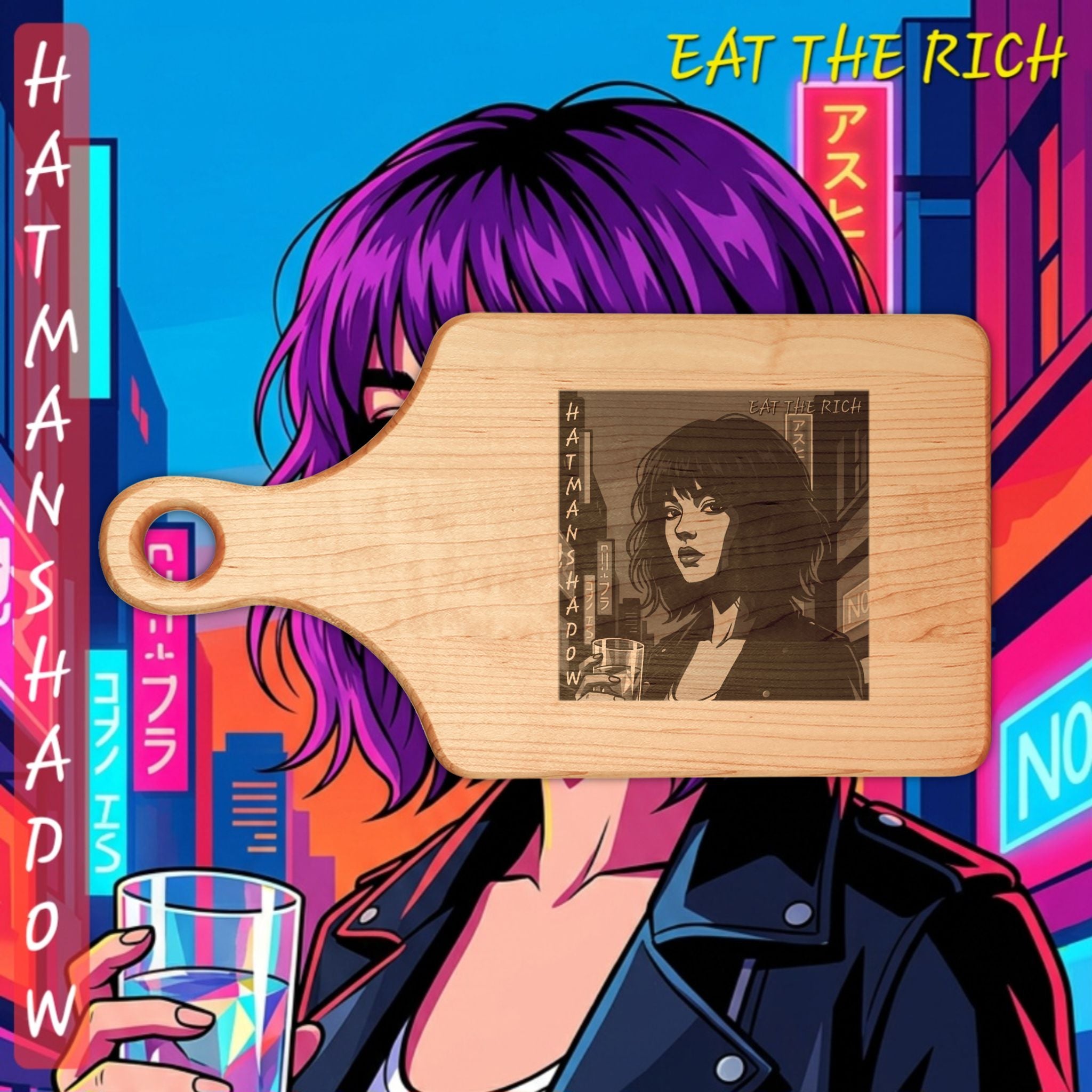 Engraved Retro Cyberpunk Woman Wooden Cutting Board – “Eat the Rich”