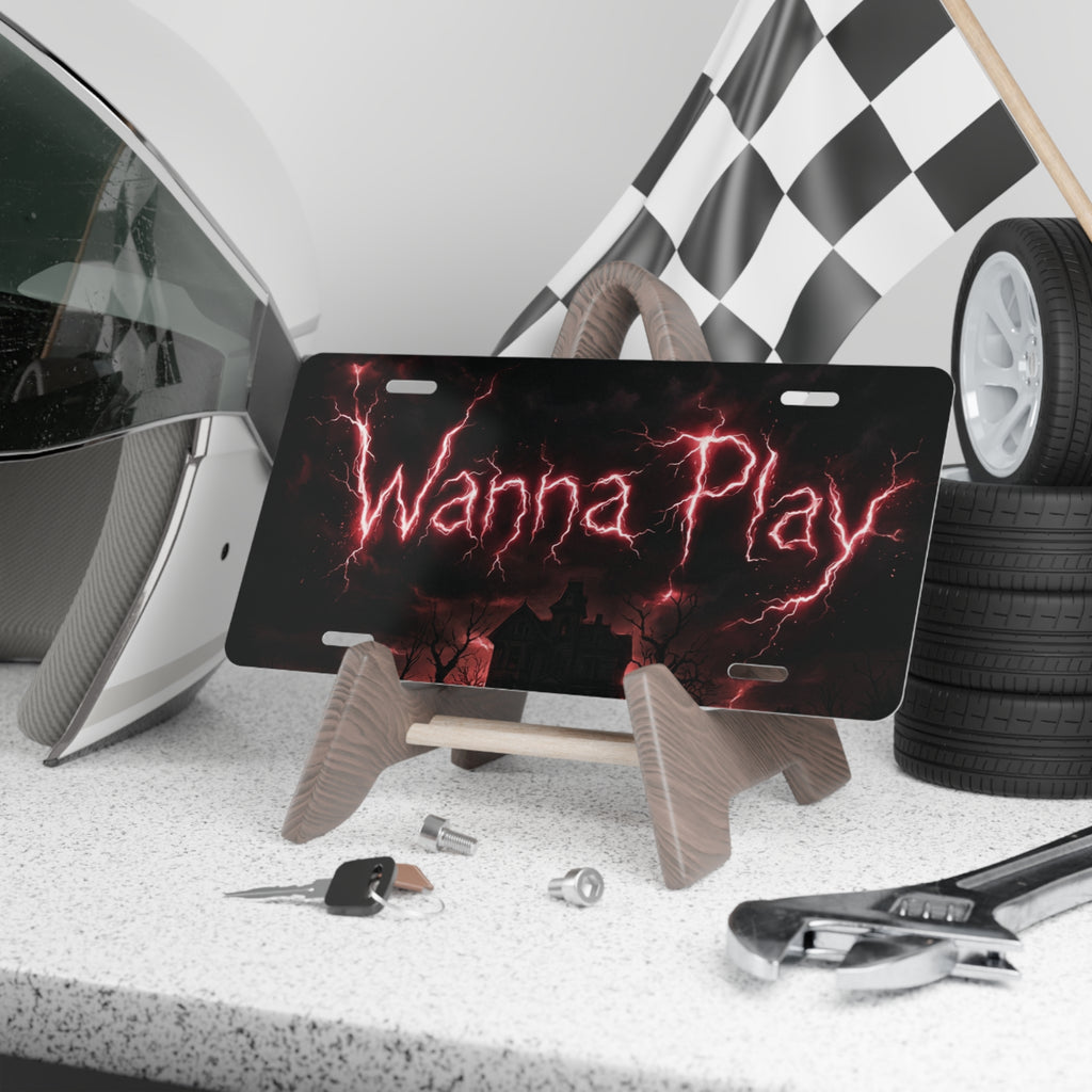 Vanity Plate - 'Wanna Play' Horror Lightning License Plate for Halloween & Gothic Car Decor .