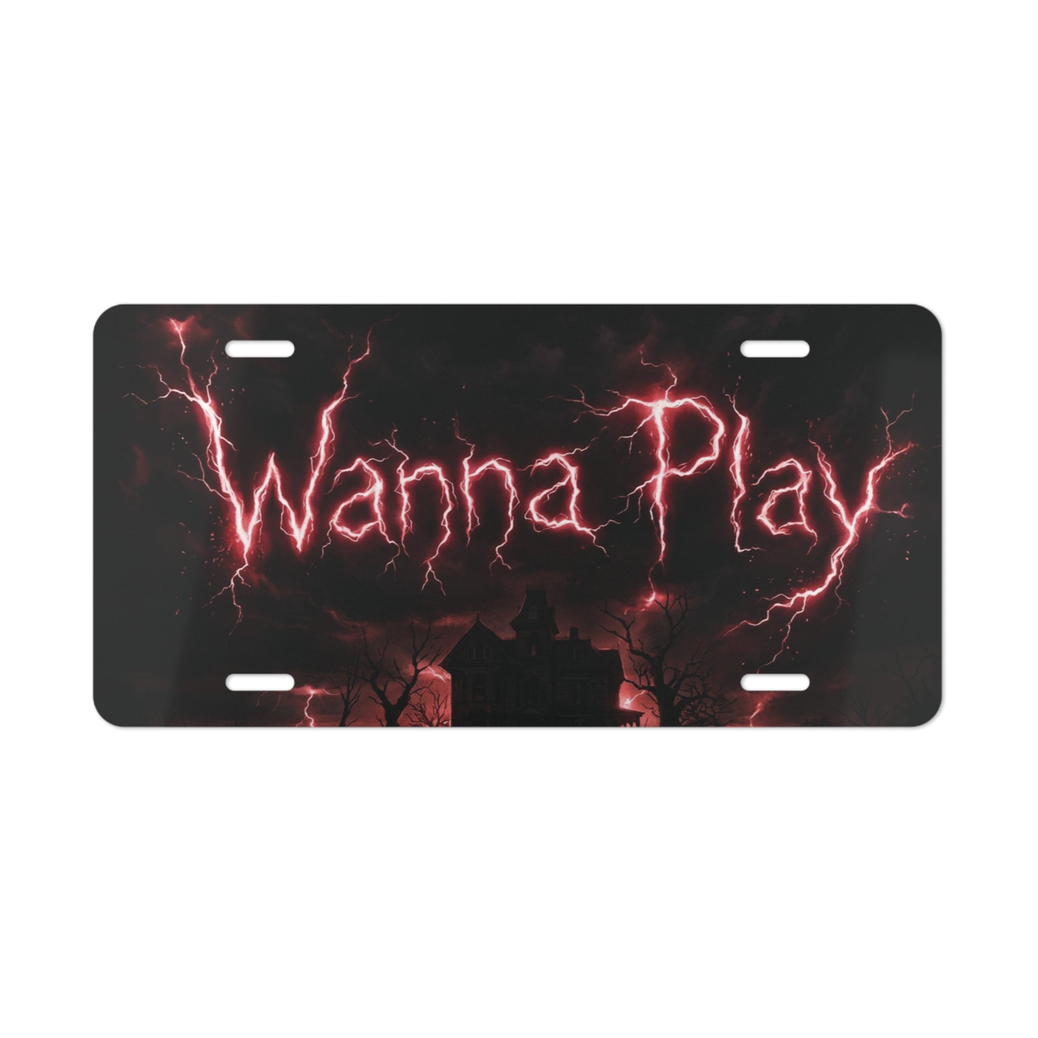 Vanity Plate - 'Wanna Play' Horror Lightning License Plate for Halloween & Gothic Car Decor .