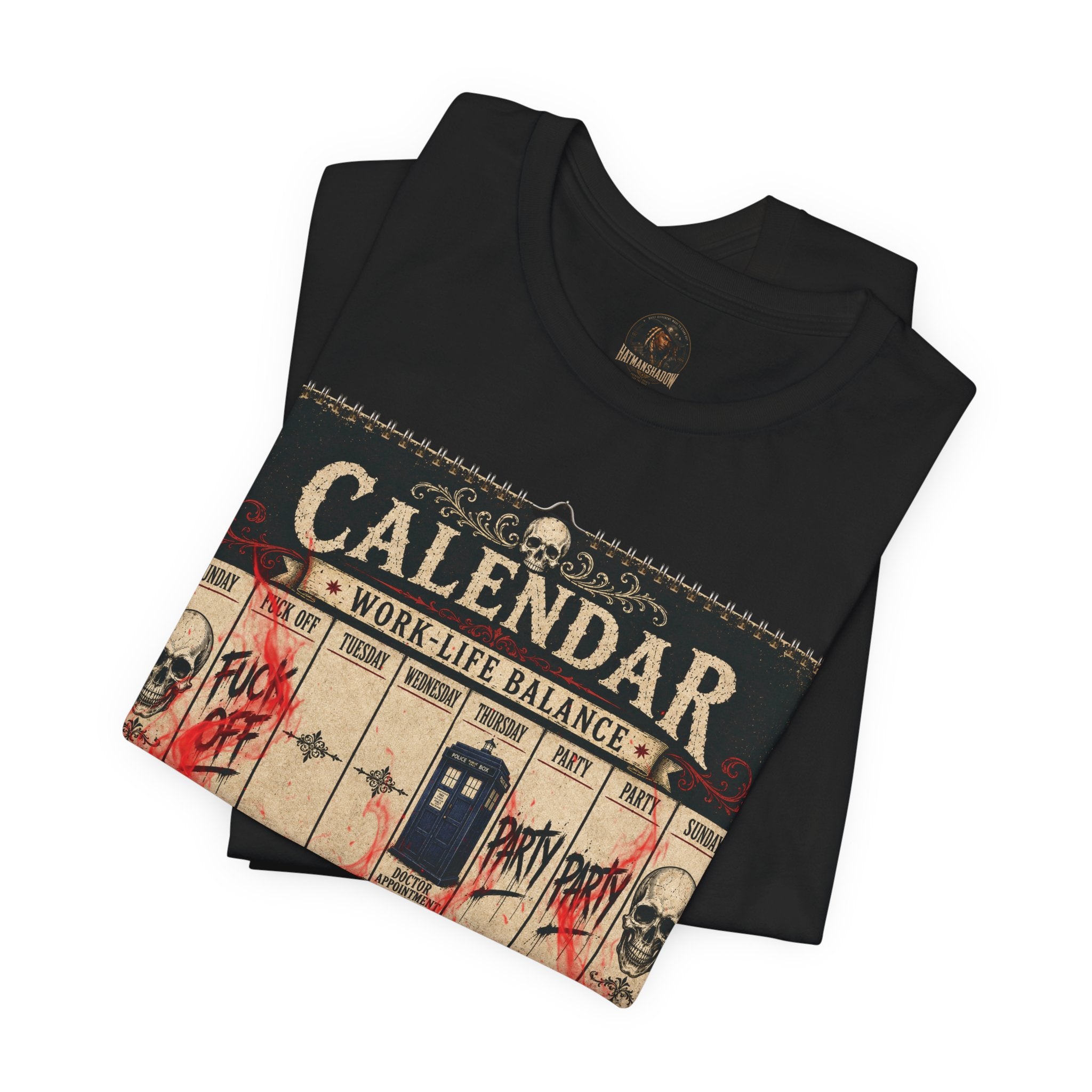 Work-Life Balance Calendar T-Shirt — Horror Skull Flames Graphic Tee