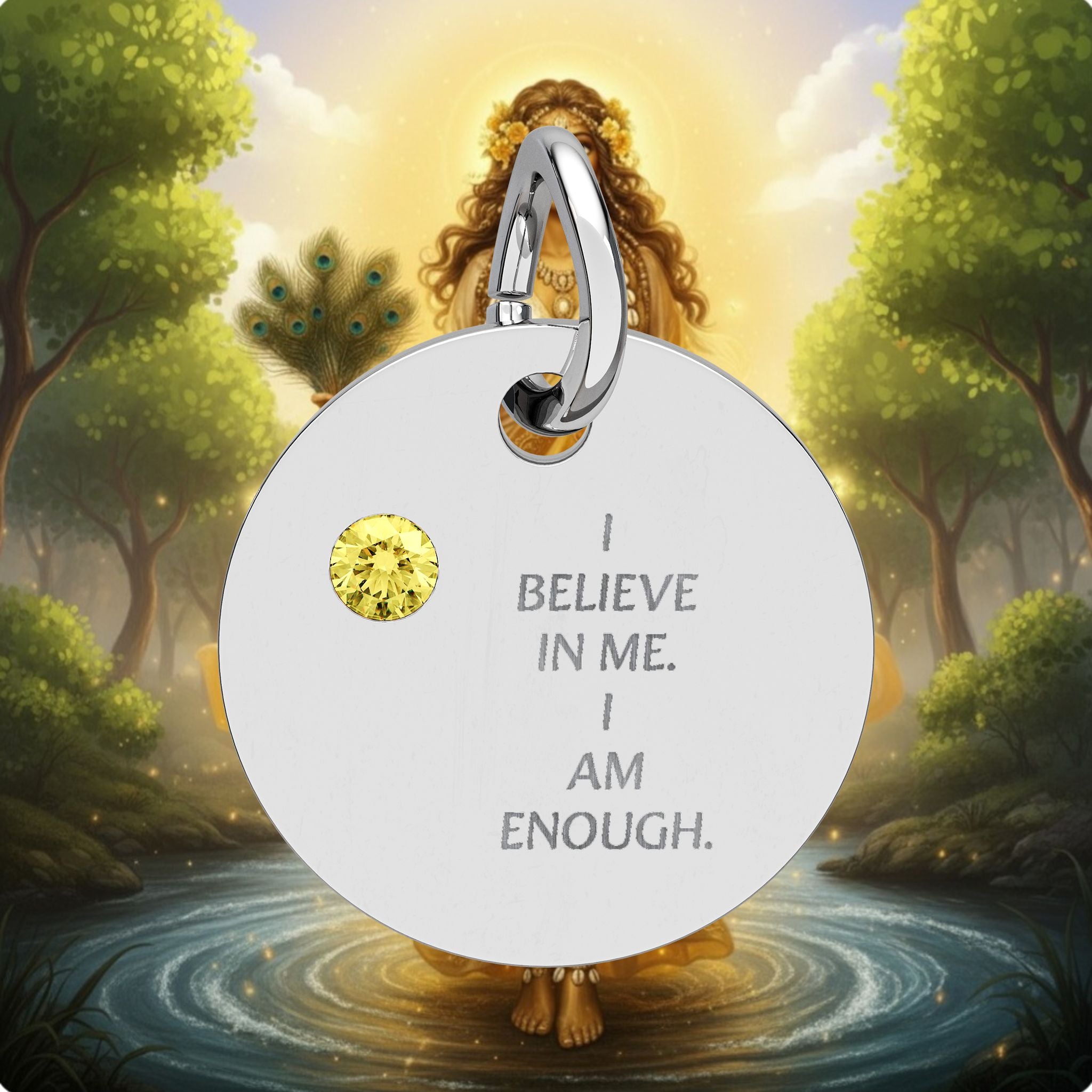 Engraved Birthstone Circle Charm — "I Believe in Me, I Am Enough"