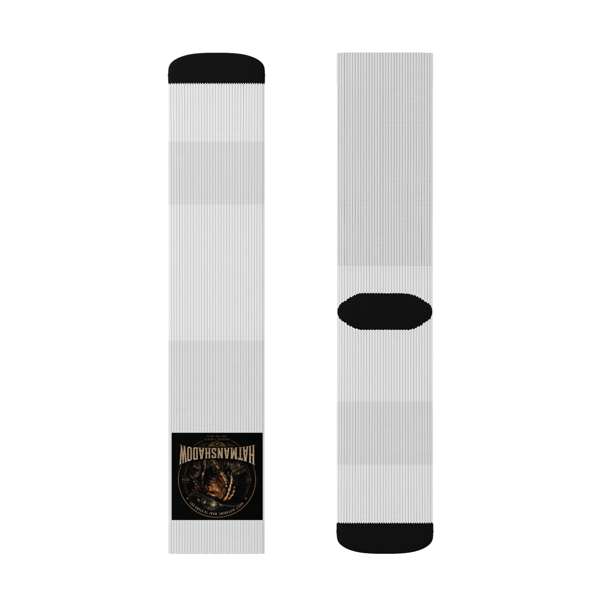 Hatmanshadow Sublimation Socks — Black Patch Logo Crew Socks for Fans