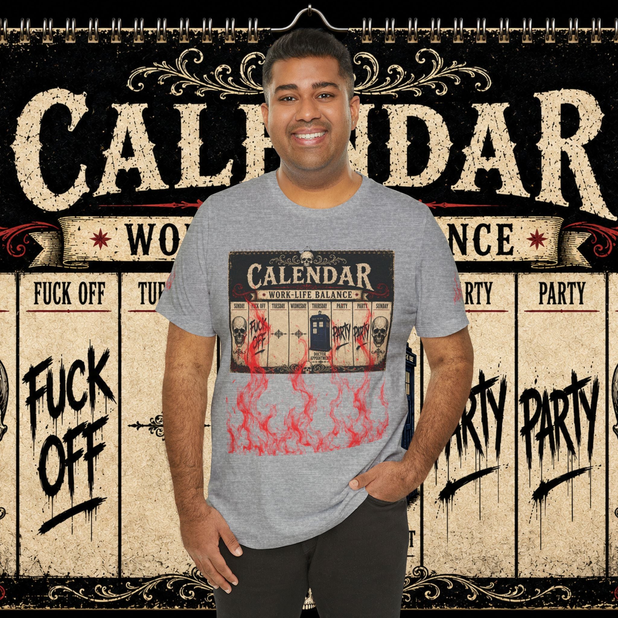 Work-Life Balance Calendar T-Shirt — Horror Skull Flames Graphic Tee