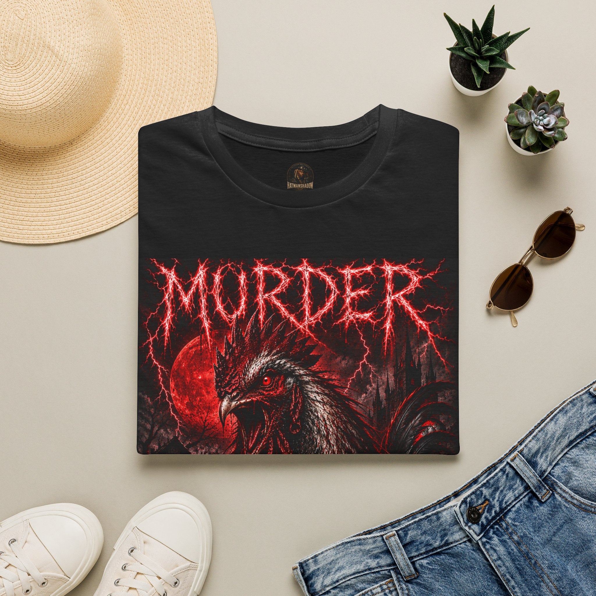Death Rooster T-Shirt  Version 1— "Murder" Gothic Red Rooster Metal Band Tee