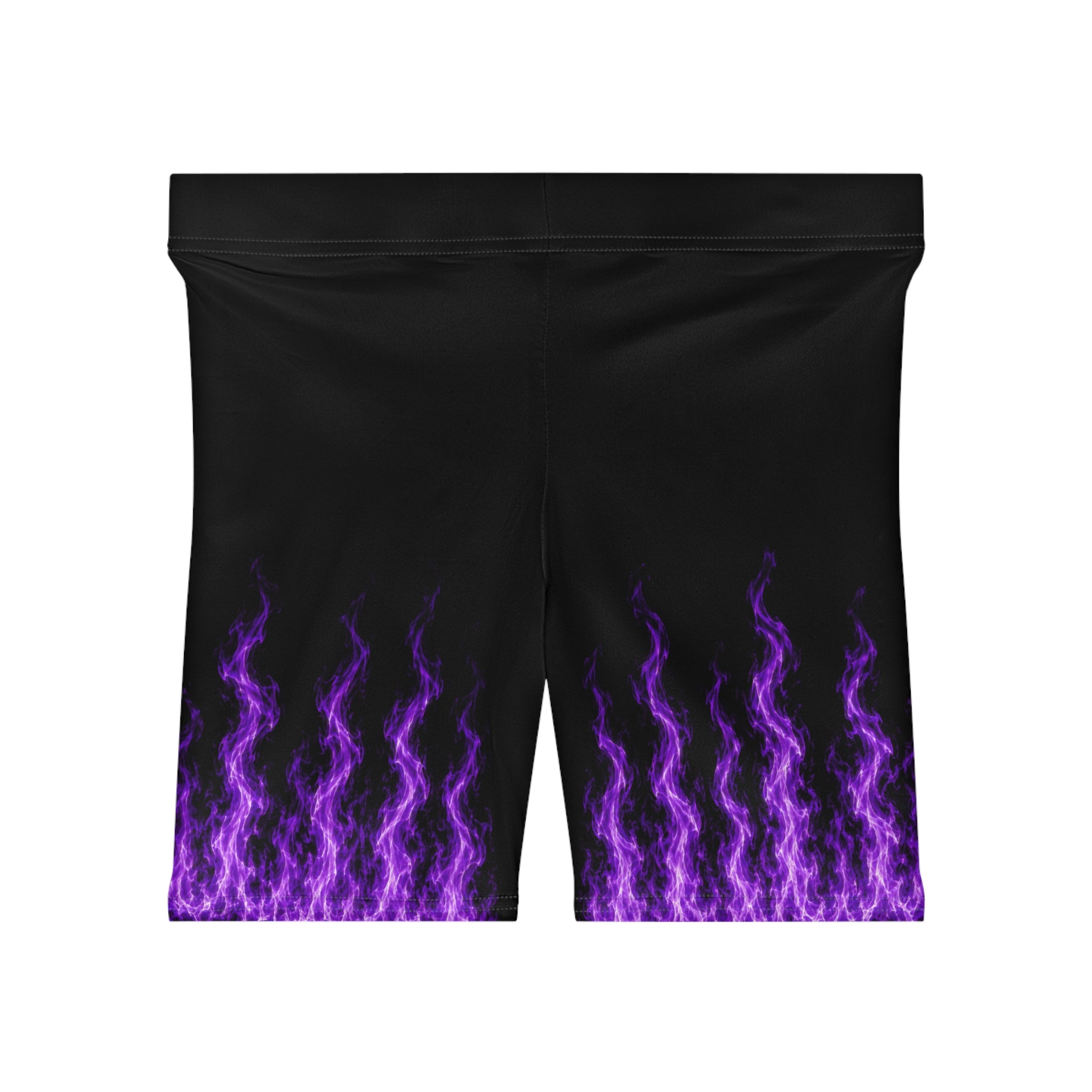 Purple Flame Biker Shorts — Women's Athletic Cycling Shorts with Neon Fire Design