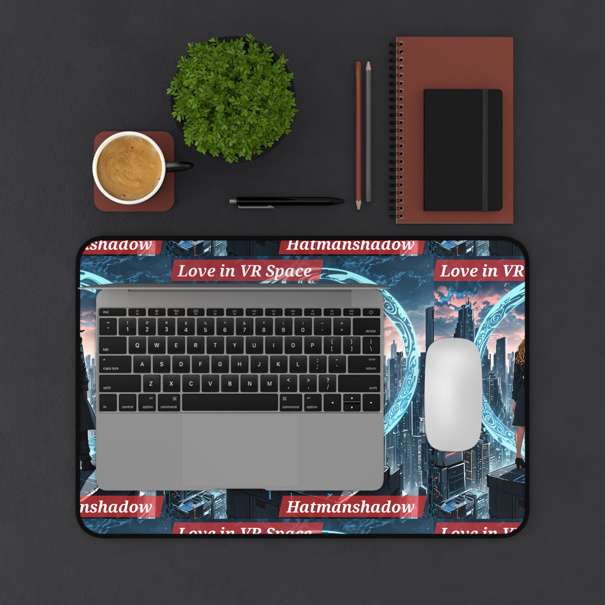 Love in VR Space Desk Mat — Cyberpunk Cityscape Mouse Pad
