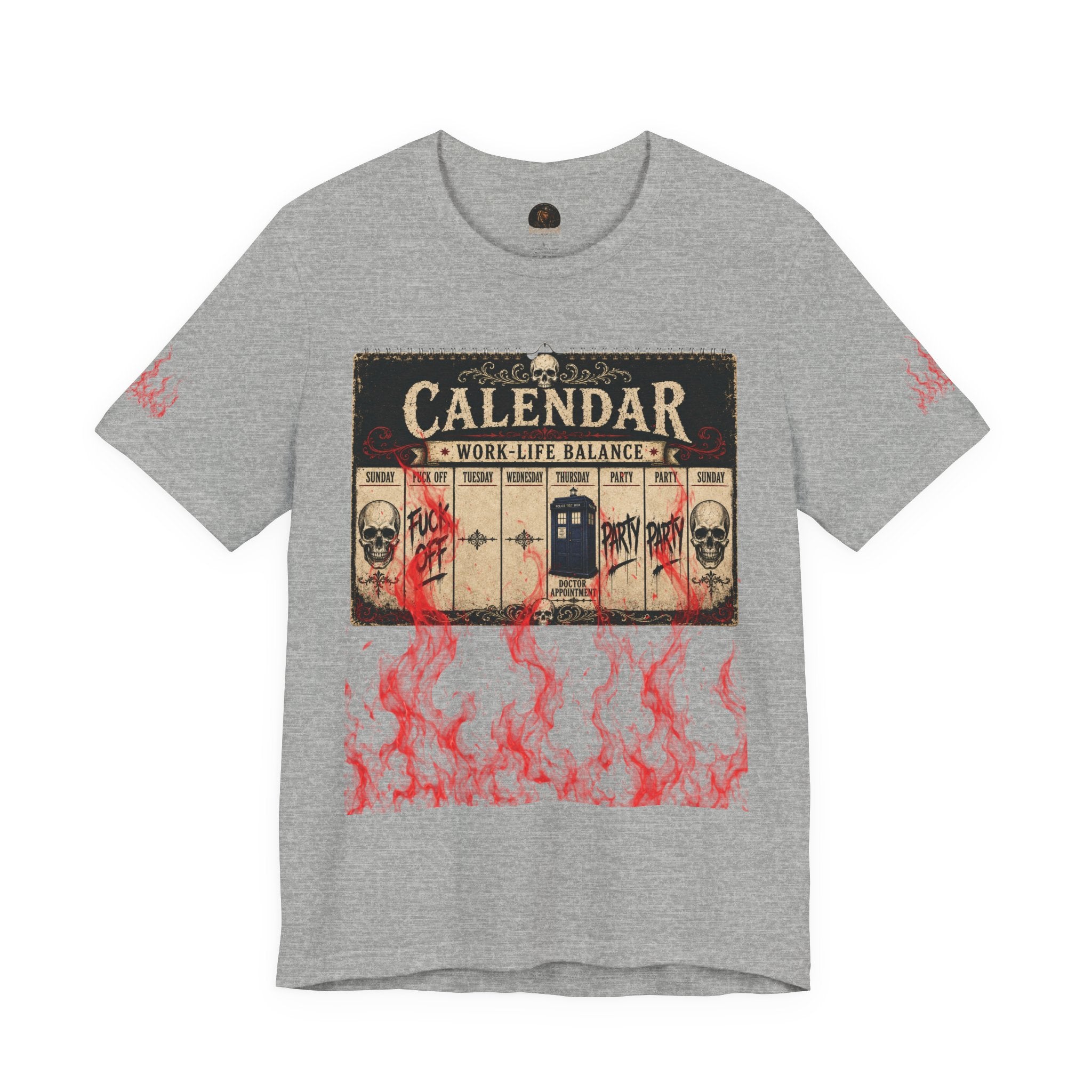 Work-Life Balance Calendar T-Shirt — Horror Skull Flames Graphic Tee