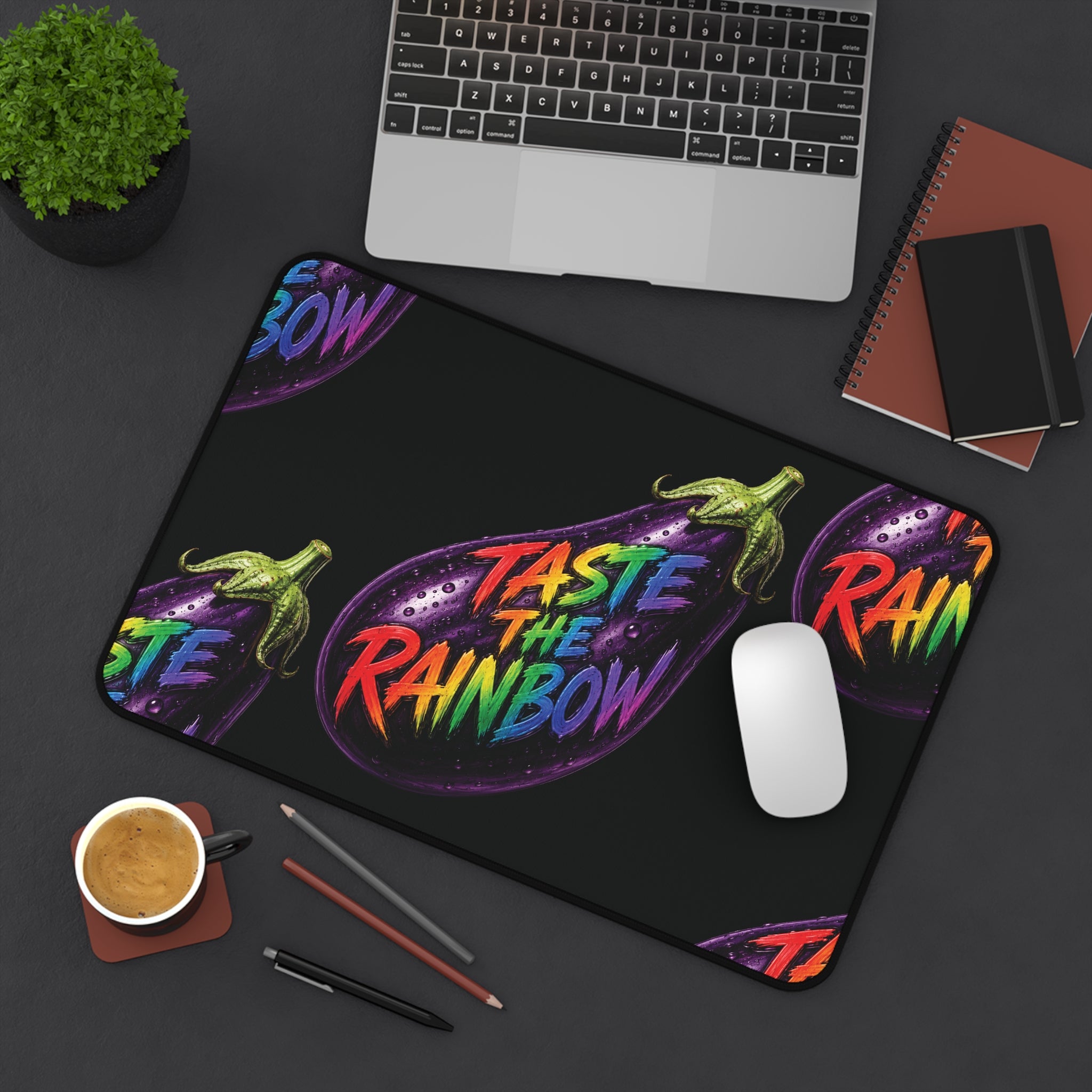 Taste the Rainbow Eggplant Desk Mat — Colorful Gamer & Workstation Mouse Pad