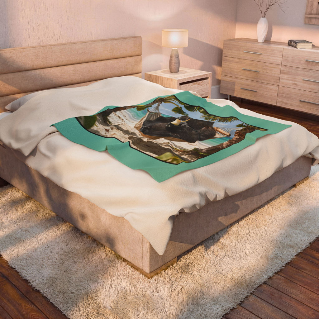 Tropical Gorilla Beach Plush Blanket – Velveteen Cozy Throw with Hammock Ape Design