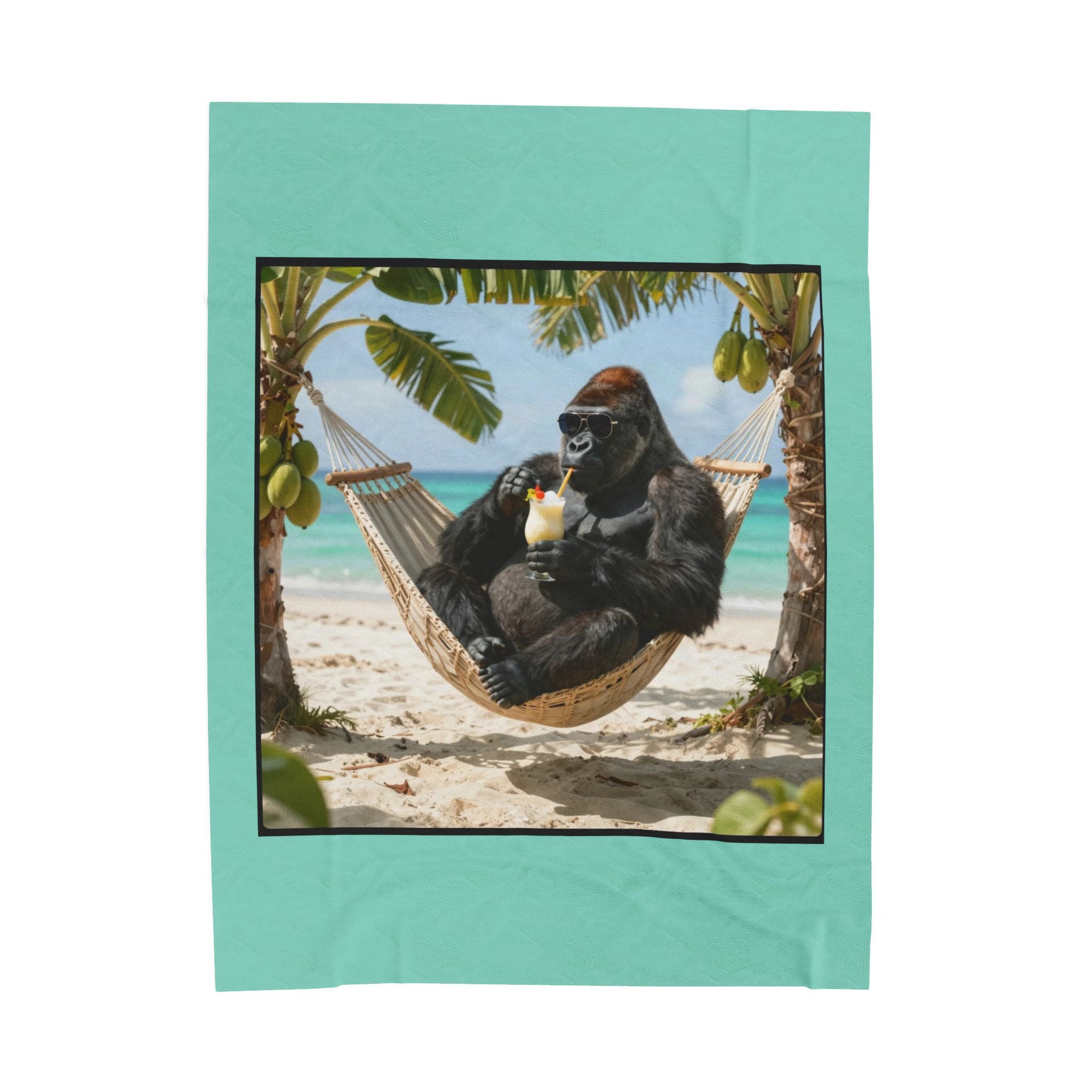 Tropical Gorilla Beach Plush Blanket – Velveteen Cozy Throw with Hammock Ape Design