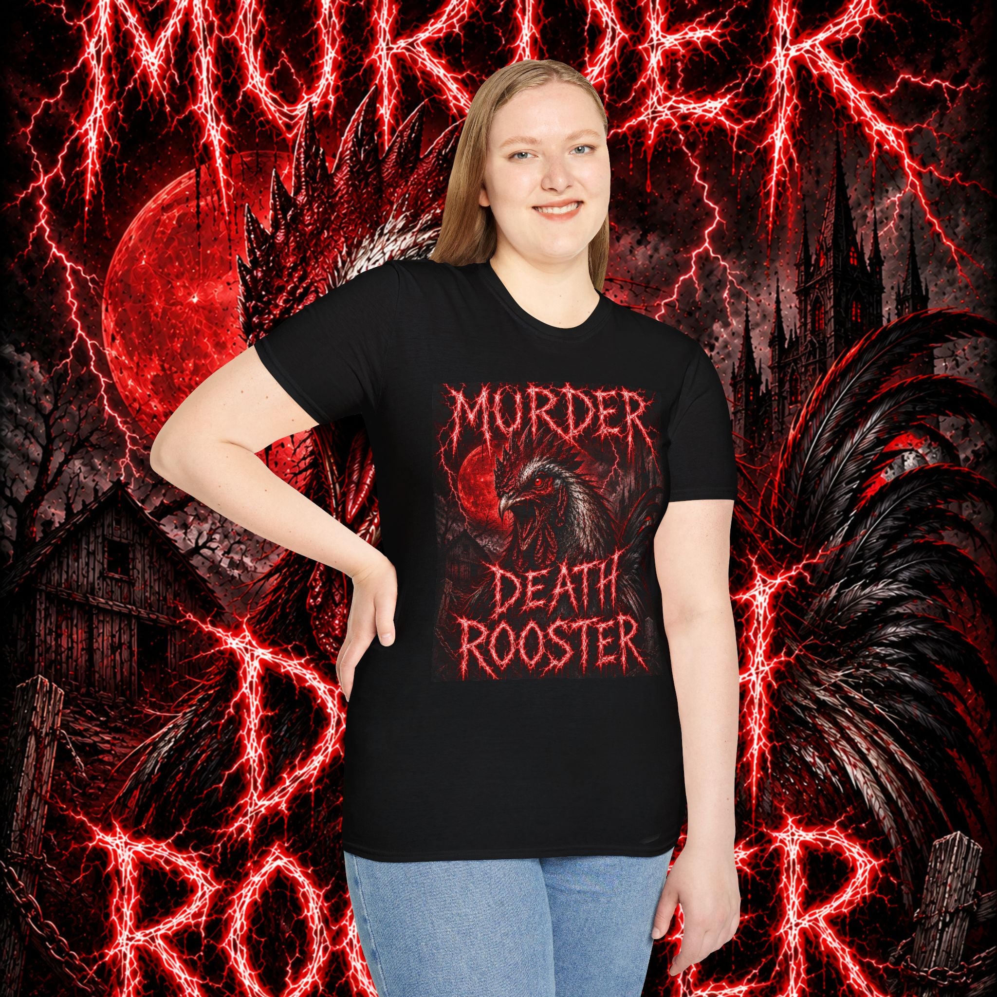 Death Rooster T-Shirt  Version 1— "Murder" Gothic Red Rooster Metal Band Tee