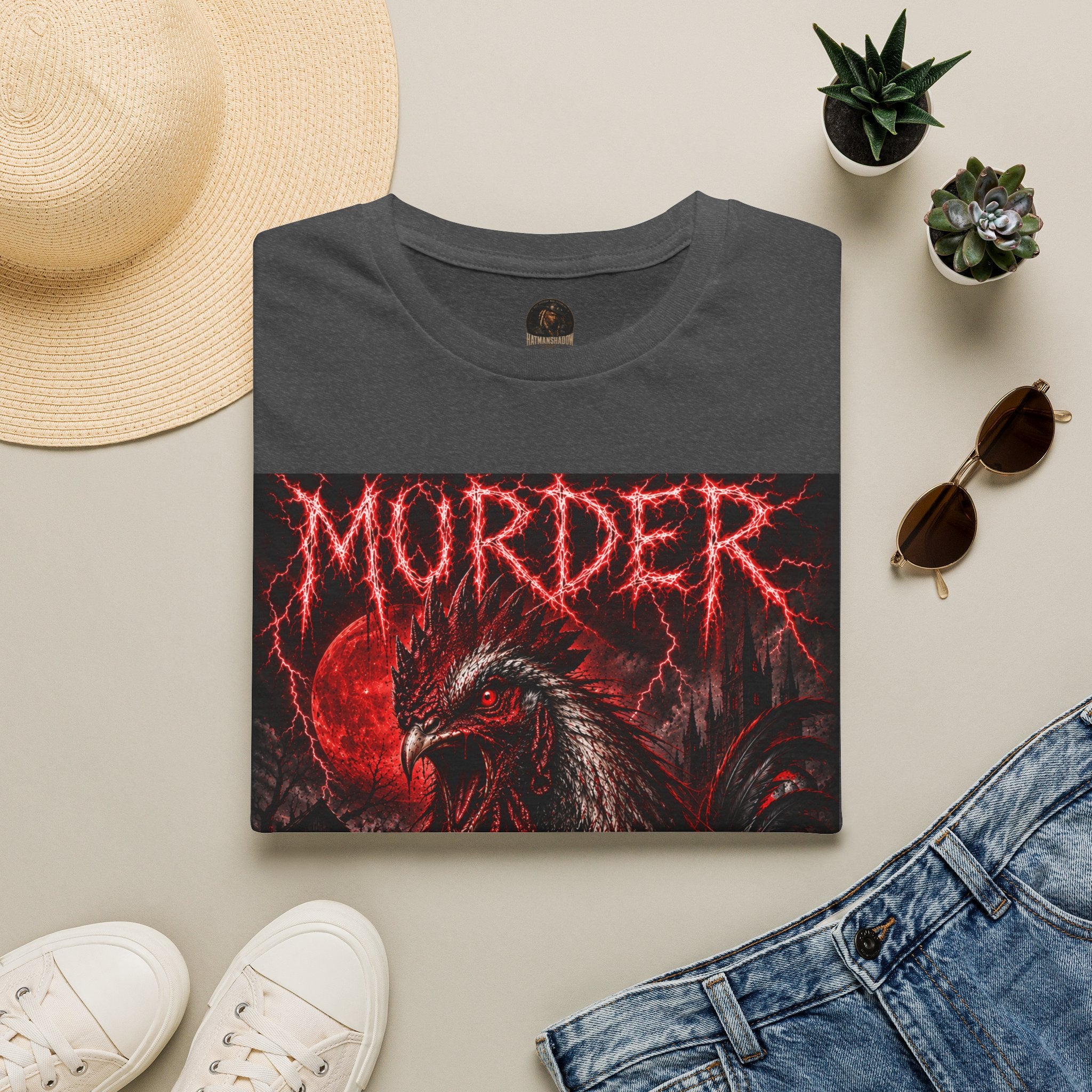 Death Rooster T-Shirt  Version 1— "Murder" Gothic Red Rooster Metal Band Tee