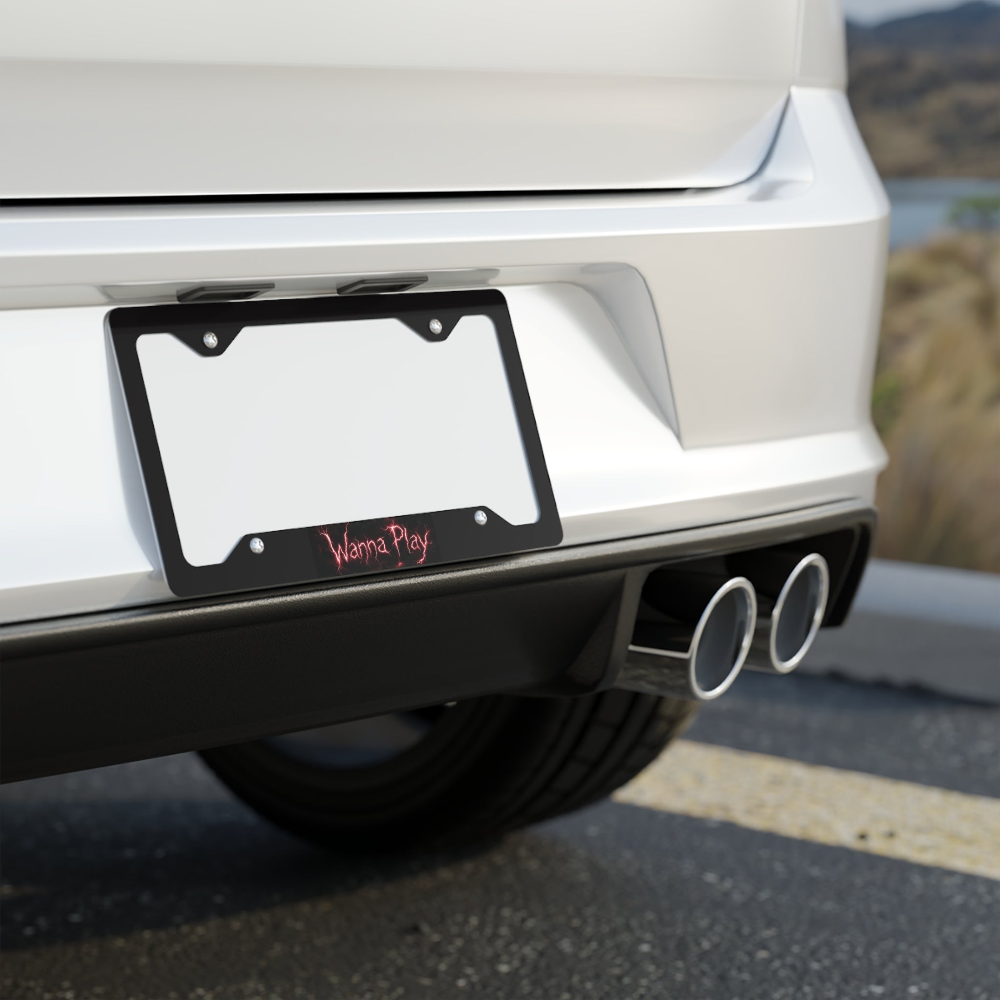 Wanna Play Metal License Plate Frame — Black Horror Car Tag Decor