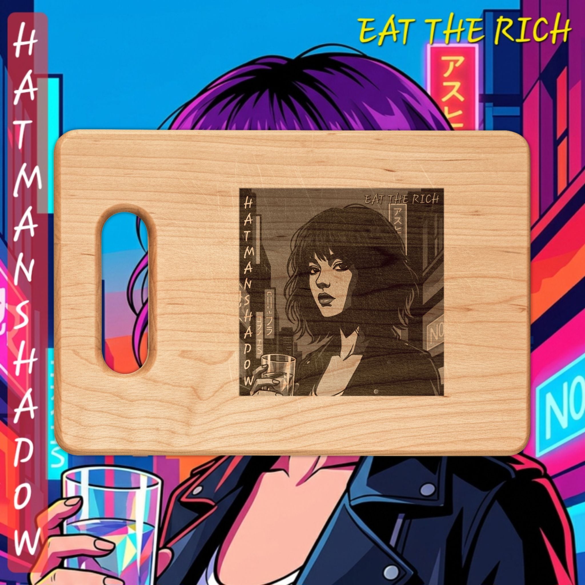 Engraved Retro Cyberpunk Woman Wooden Cutting Board – “Eat the Rich”