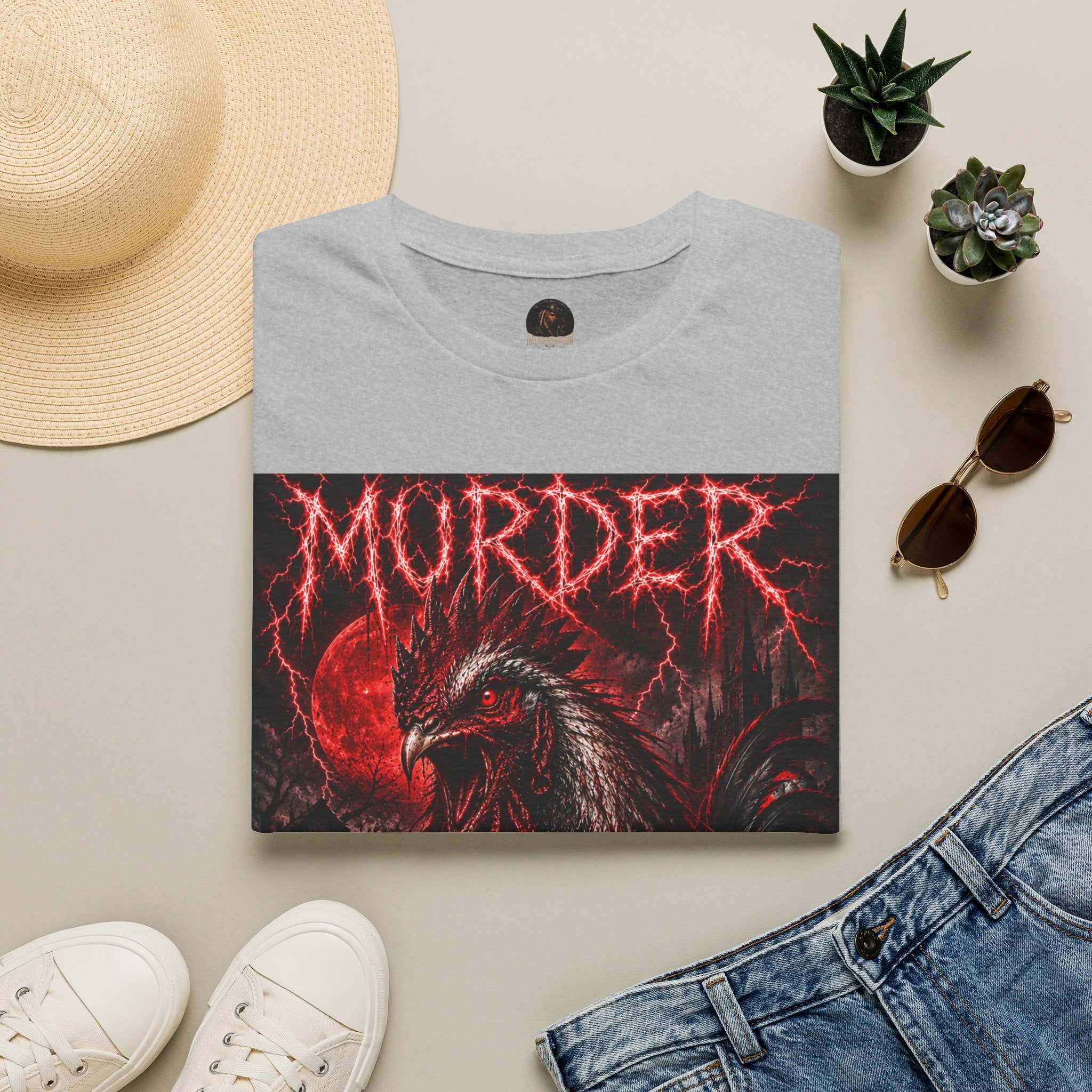Death Rooster T-Shirt  Version 1— "Murder" Gothic Red Rooster Metal Band Tee