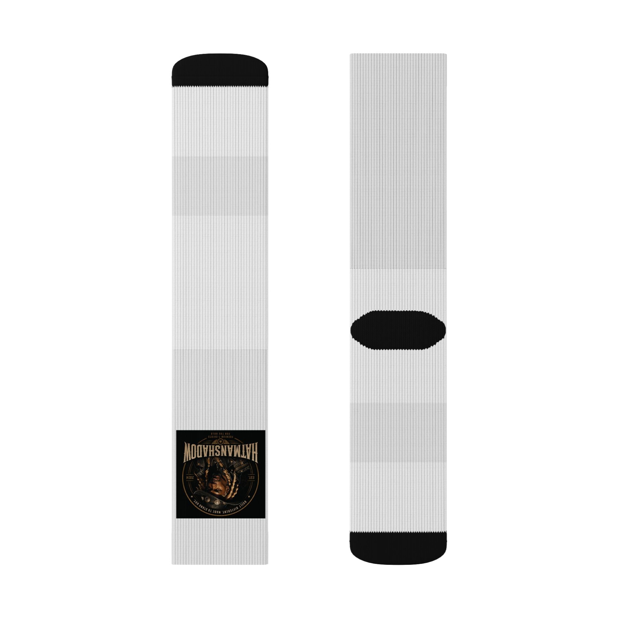 Hatmanshadow Sublimation Socks — Black Patch Logo Crew Socks for Fans