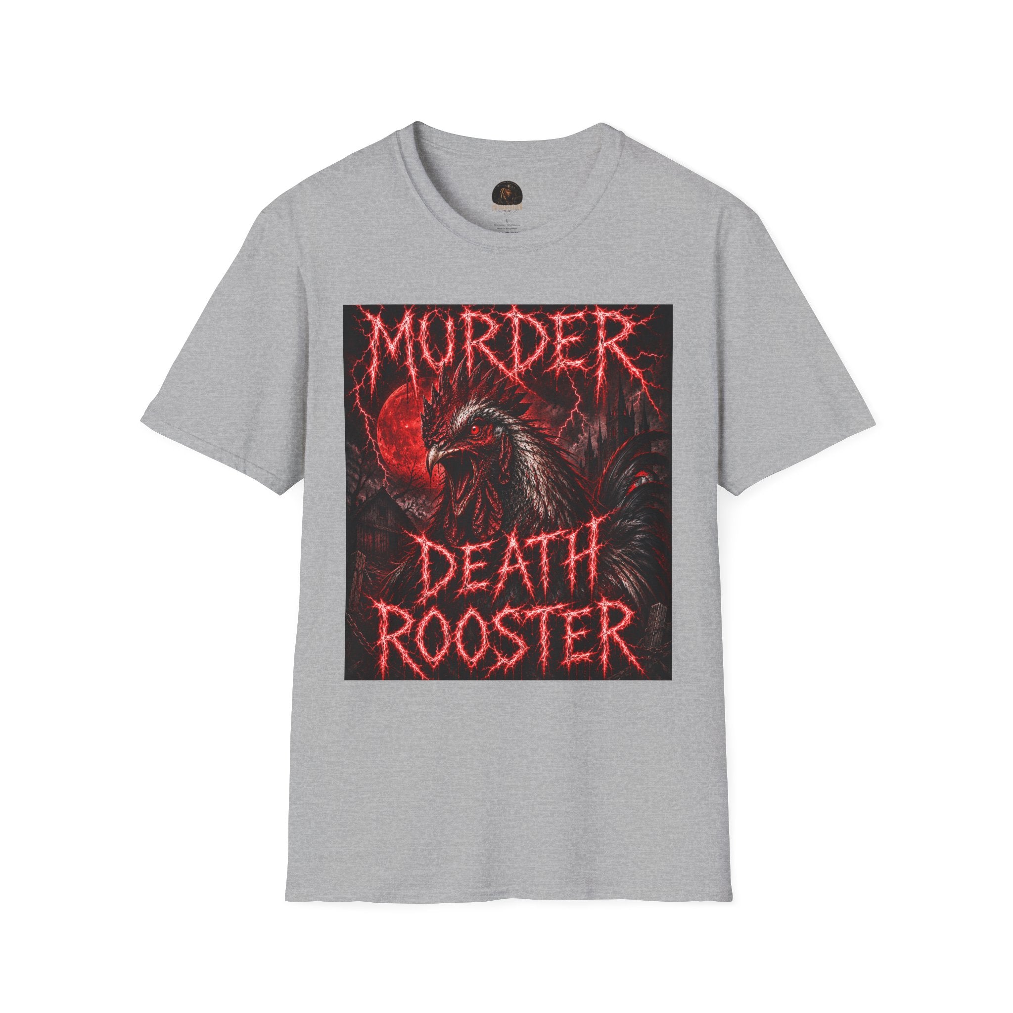 Death Rooster T-Shirt  Version 1— "Murder" Gothic Red Rooster Metal Band Tee
