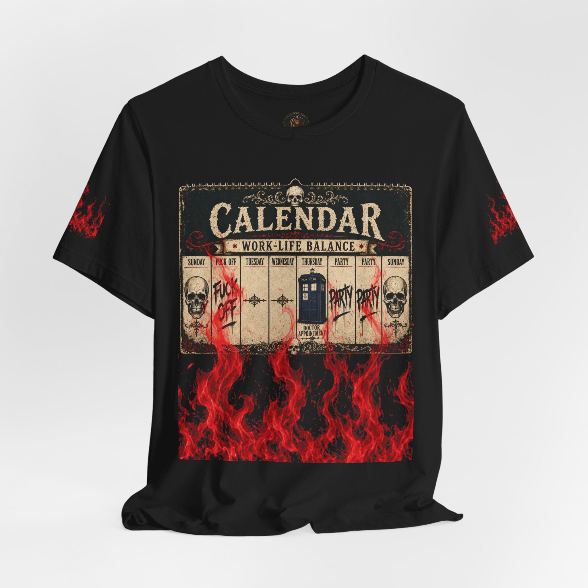 Work-Life Balance Calendar T-Shirt — Horror Skull Flames Graphic Tee