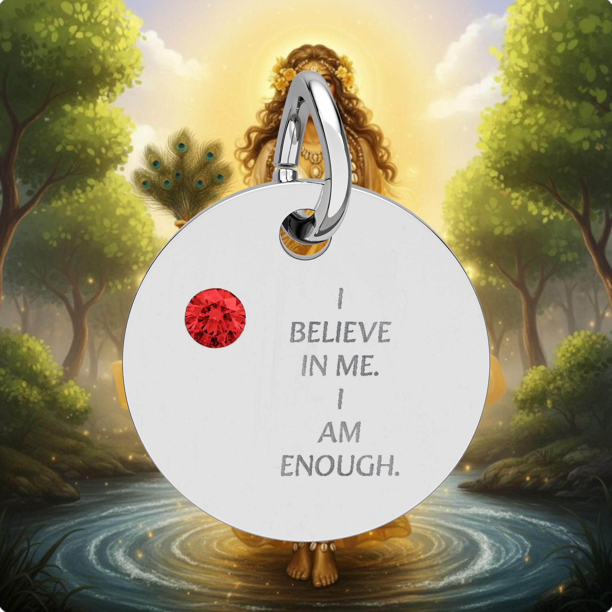Engraved Birthstone Circle Charm — "I Believe in Me, I Am Enough"