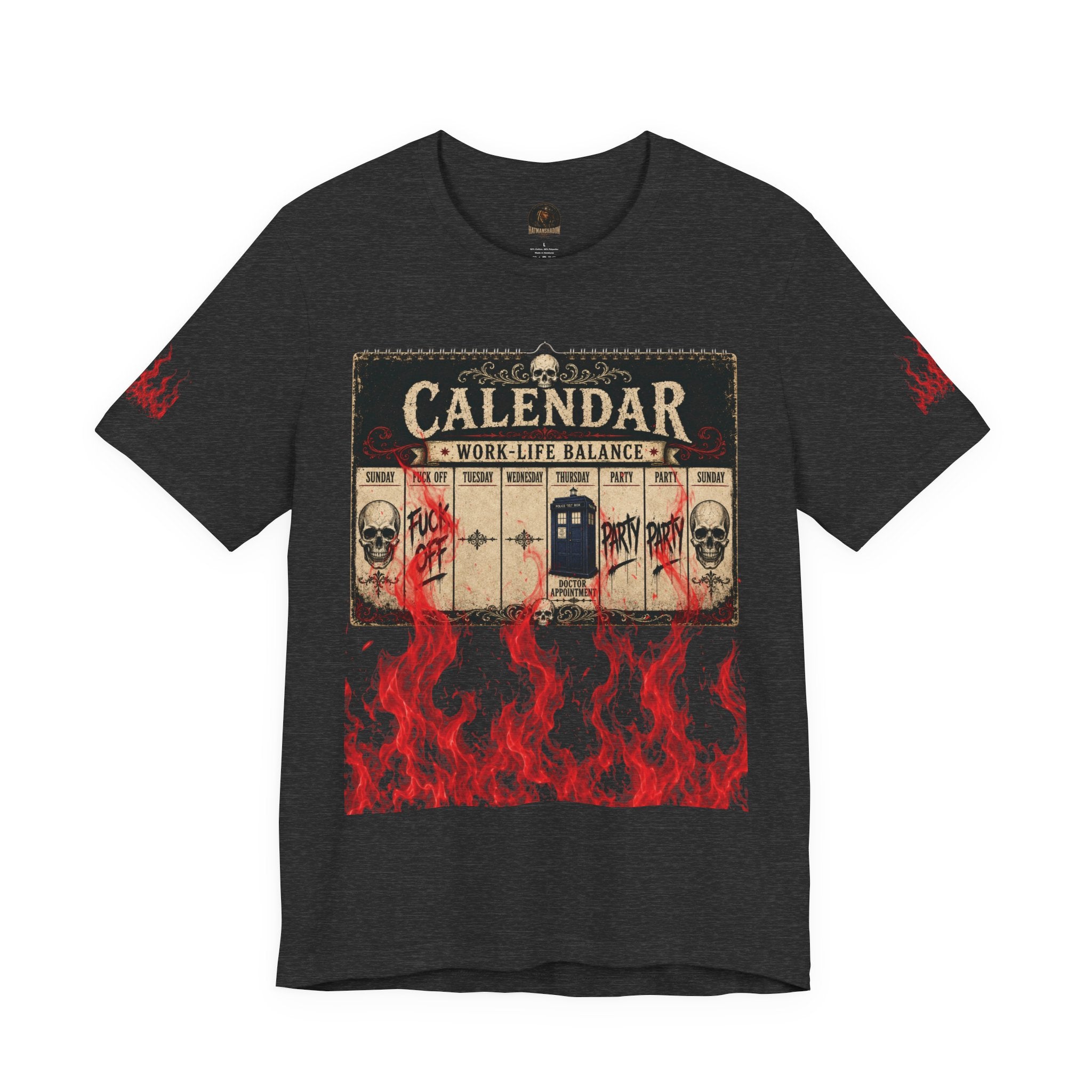 Work-Life Balance Calendar T-Shirt — Horror Skull Flames Graphic Tee