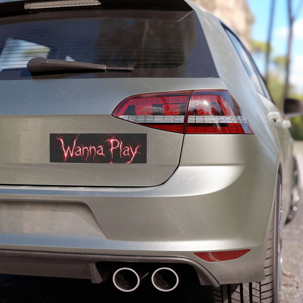 Wanna Play? Red Lightning Script Car Magnet — Gothic Horror Bumper Sticker
