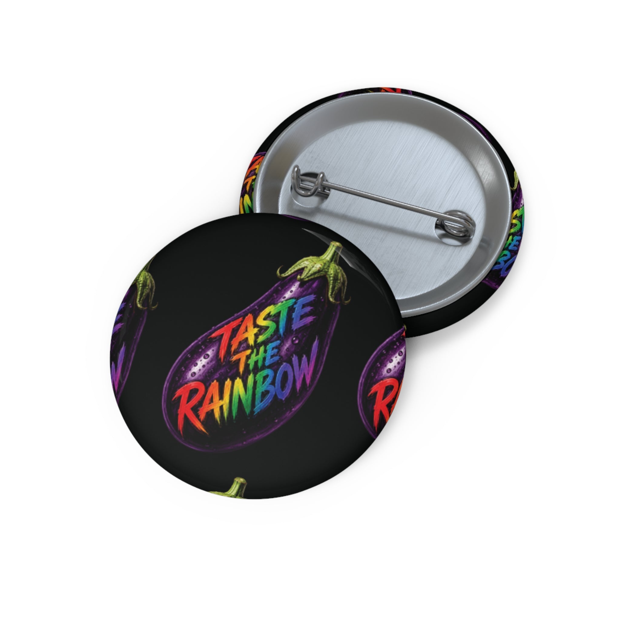 Taste the Rainbow Pin Button — Colorful Eggplant Rainbow Badge