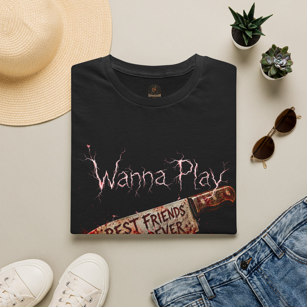 Wanna Play Graphic Tee — Horror “Best Friends Forever” Knife Design