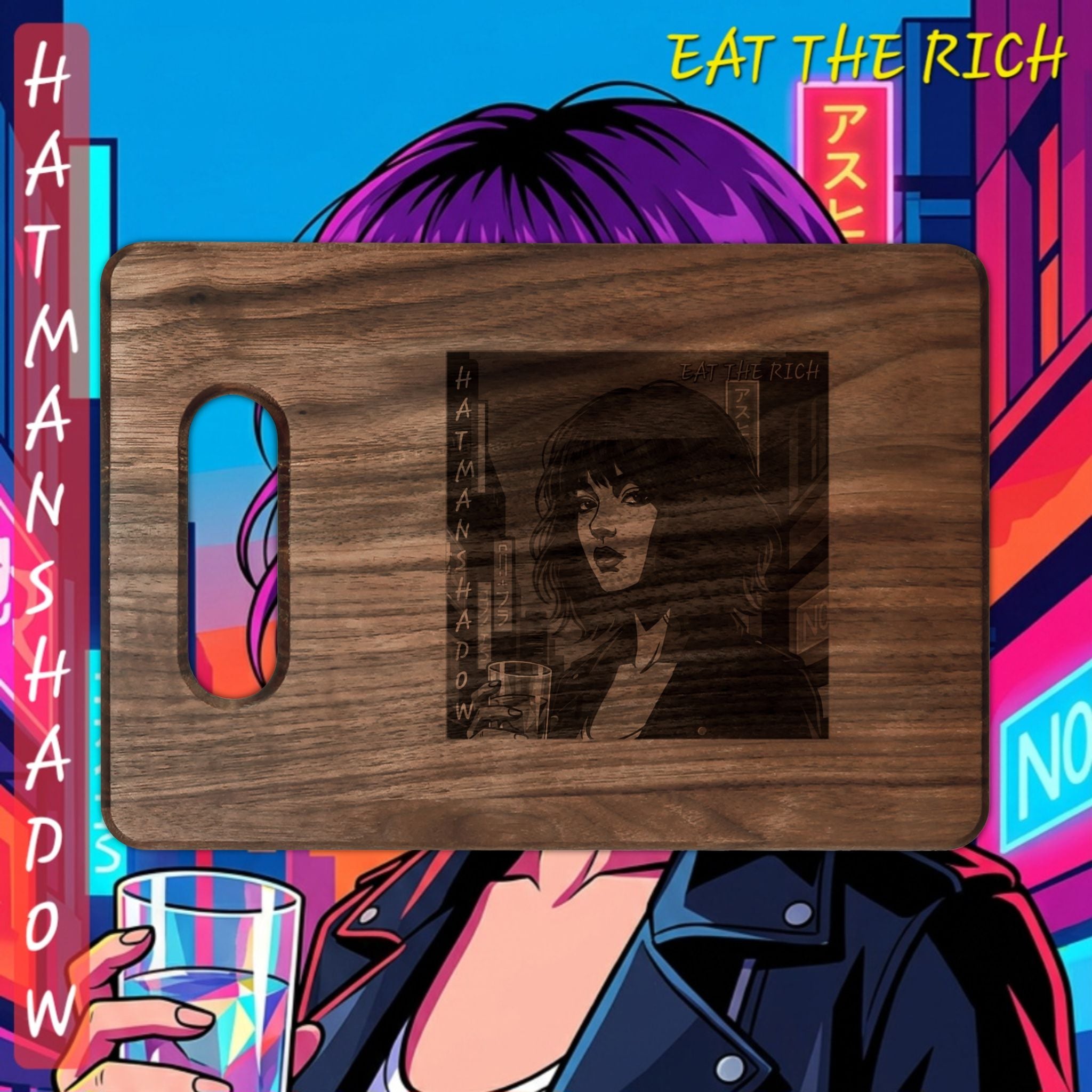 Engraved Retro Cyberpunk Woman Wooden Cutting Board – “Eat the Rich”