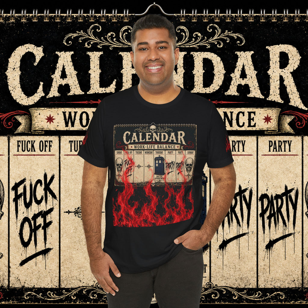 Work-Life Balance Calendar T-Shirt — Horror Skull Flames Graphic Tee