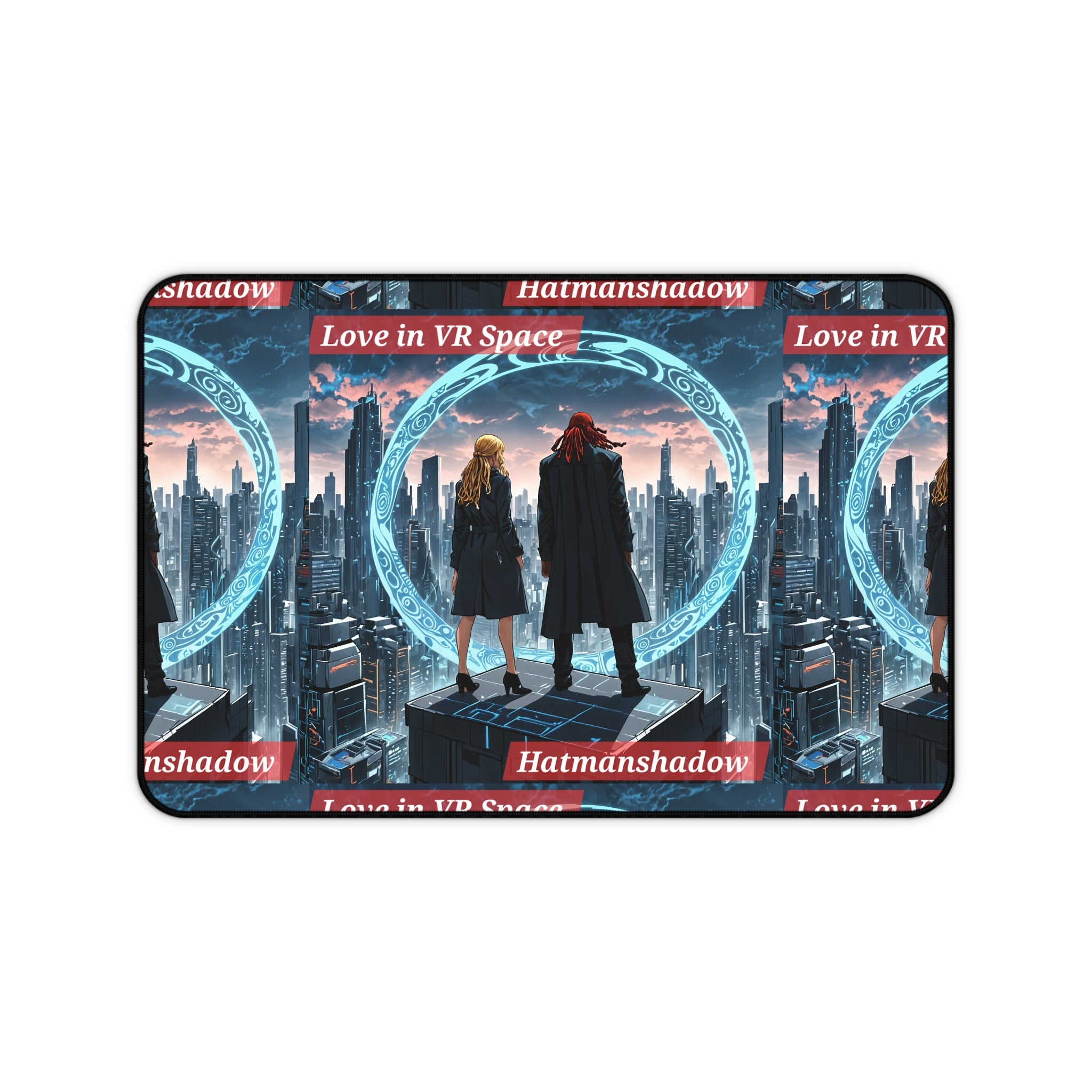 Love in VR Space Desk Mat — Cyberpunk Cityscape Mouse Pad