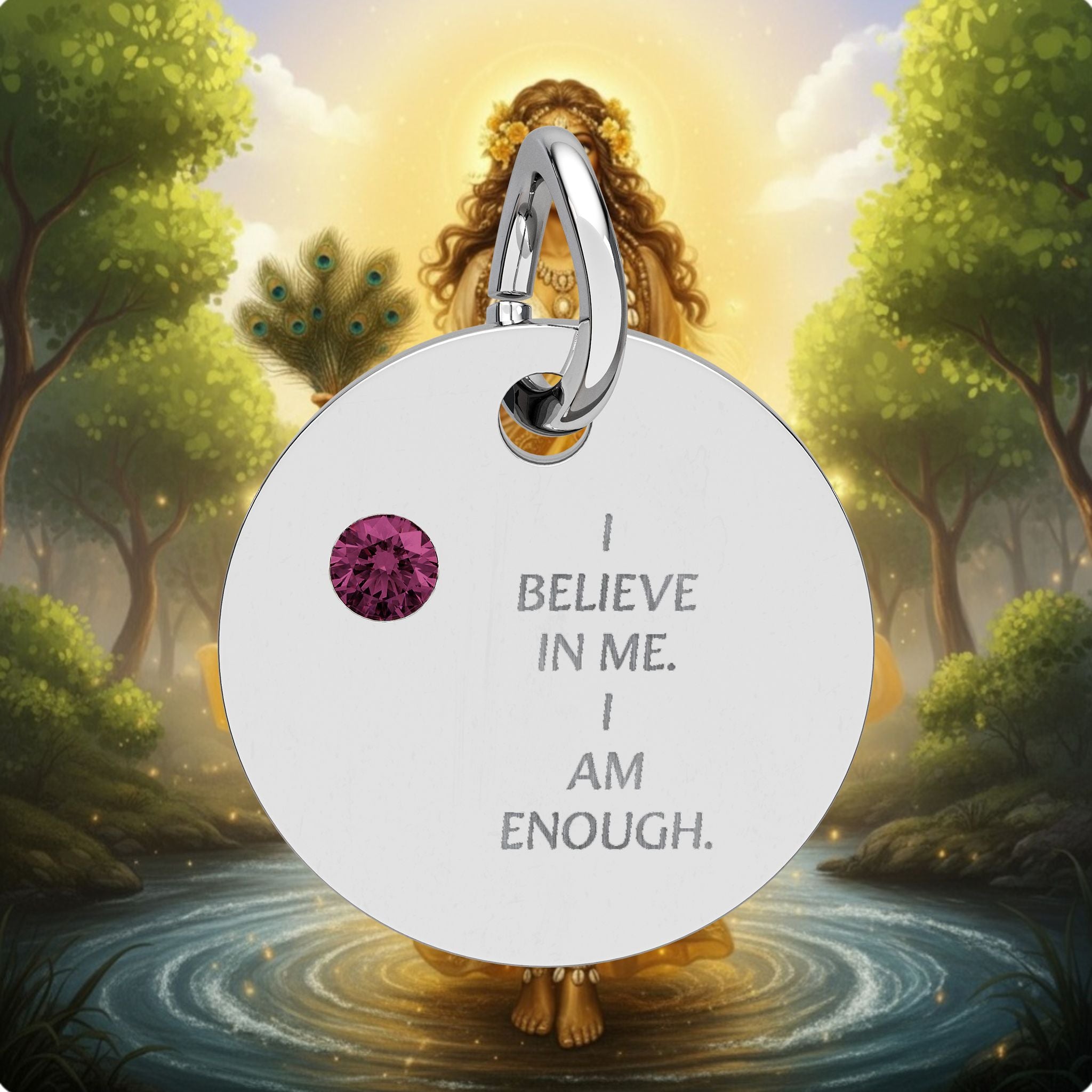 Engraved Birthstone Circle Charm — "I Believe in Me, I Am Enough"
