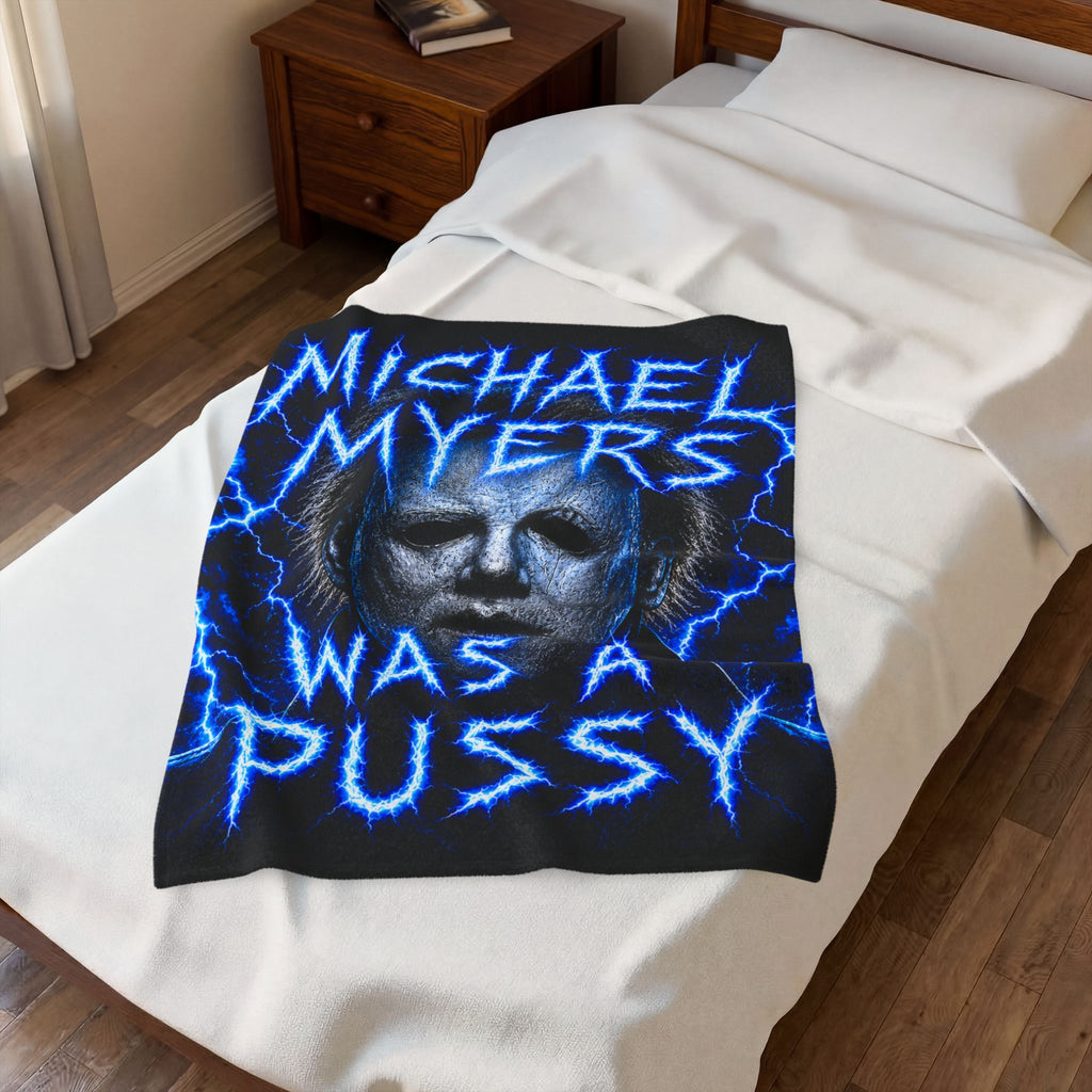 Michael Myers Graphic Plush Blanket — Horror Movie Velvet Throw with Bold Text