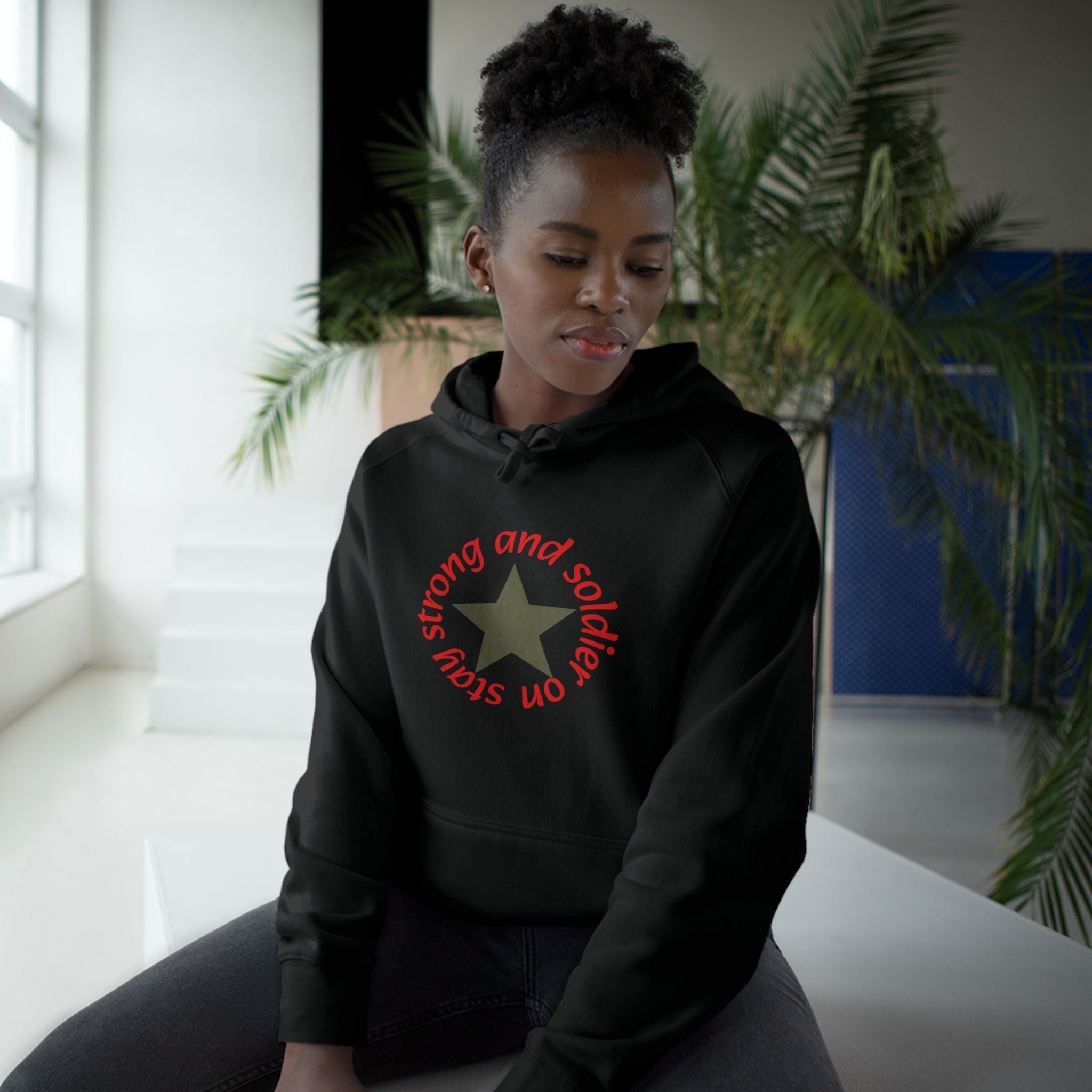 Strong and Steady Star Hoodie — "Strong and Soldier on" Graphic Hoodie