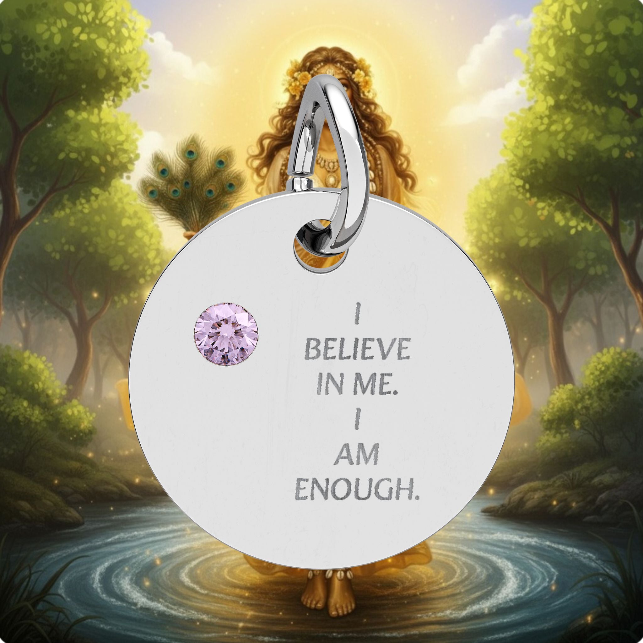 Engraved Birthstone Circle Charm — "I Believe in Me, I Am Enough"