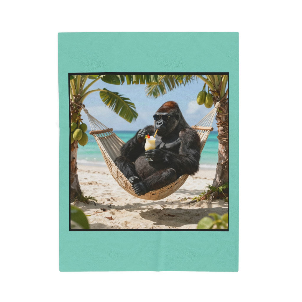 Tropical Gorilla Beach Plush Blanket – Velveteen Cozy Throw with Hammock Ape Design