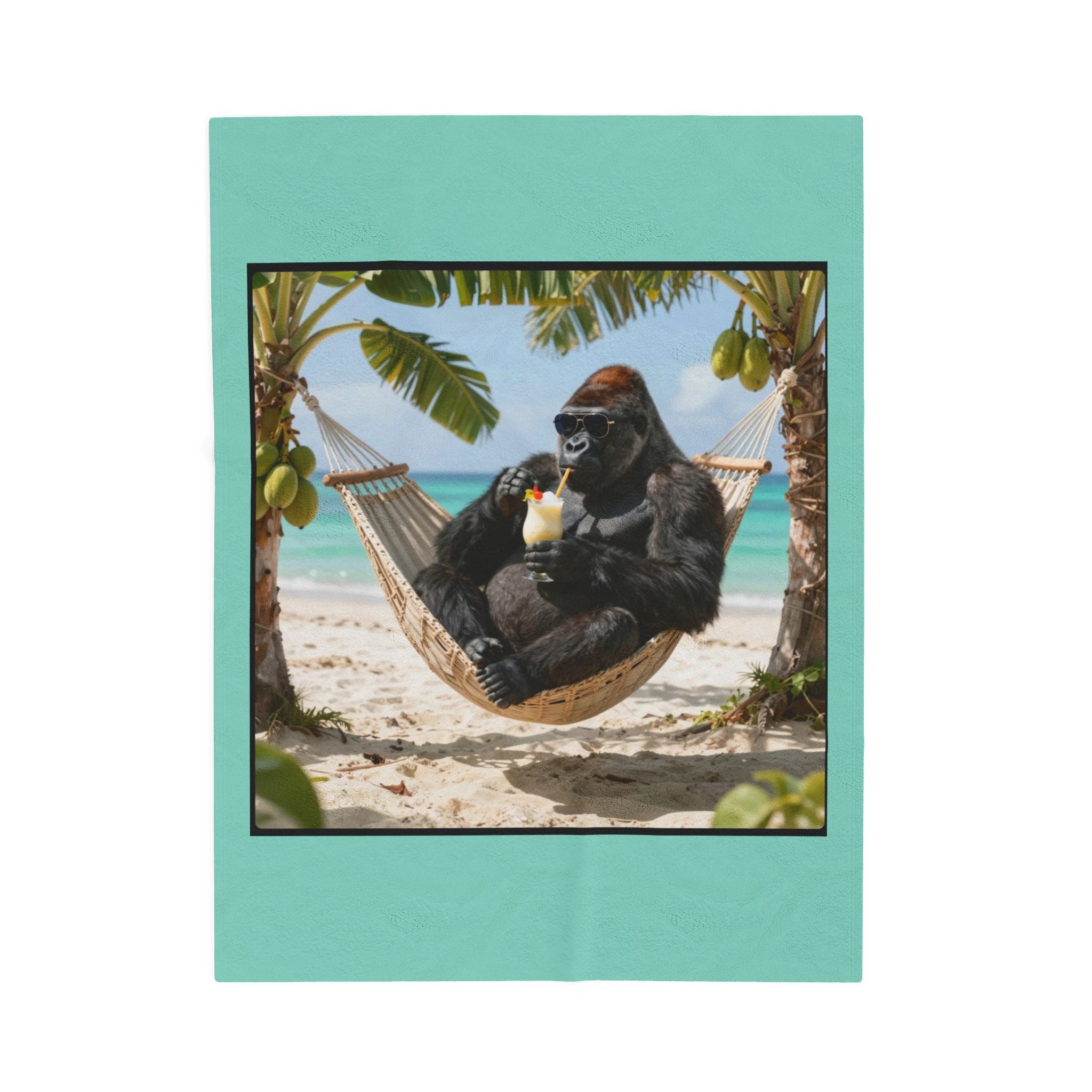 Tropical Gorilla Beach Plush Blanket – Velveteen Cozy Throw with Hammock Ape Design