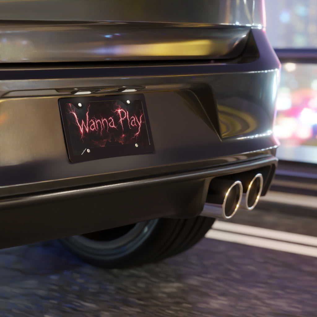 Vanity Plate - 'Wanna Play' Horror Lightning License Plate for Halloween & Gothic Car Decor .