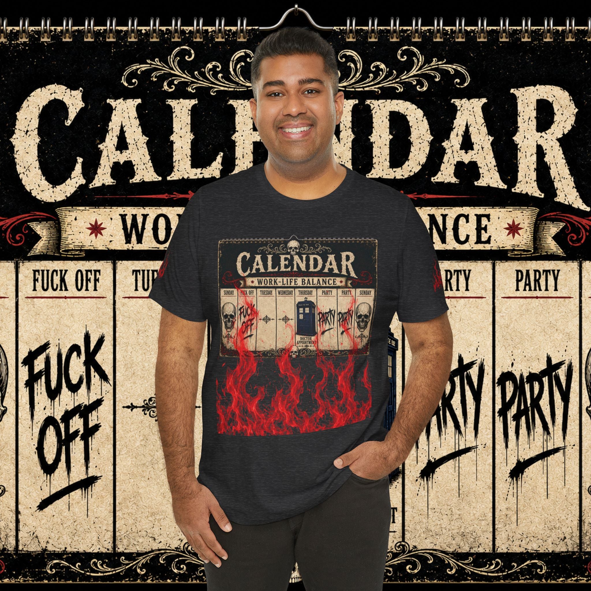 Work-Life Balance Calendar T-Shirt — Horror Skull Flames Graphic Tee