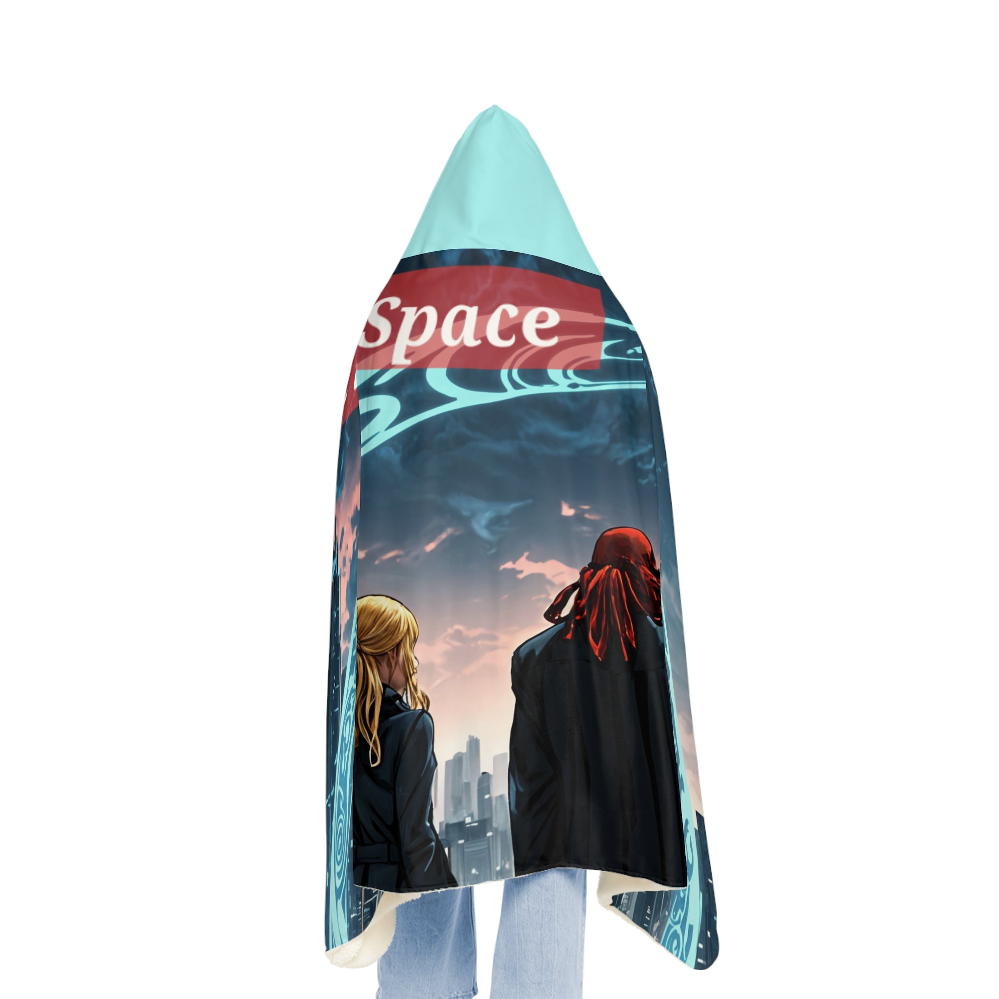 Hooded Blanket — "Love in VR Space" Futuristic Couple Cozy Throw