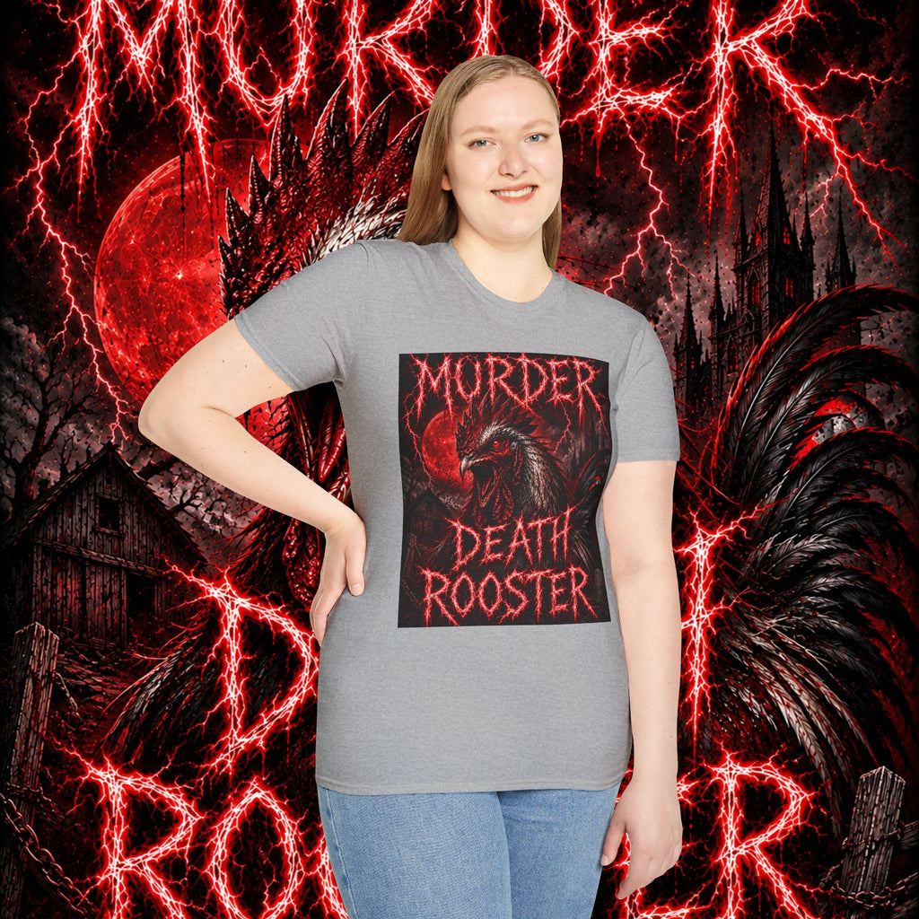 Death Rooster T-Shirt  Version 1— "Murder" Gothic Red Rooster Metal Band Tee