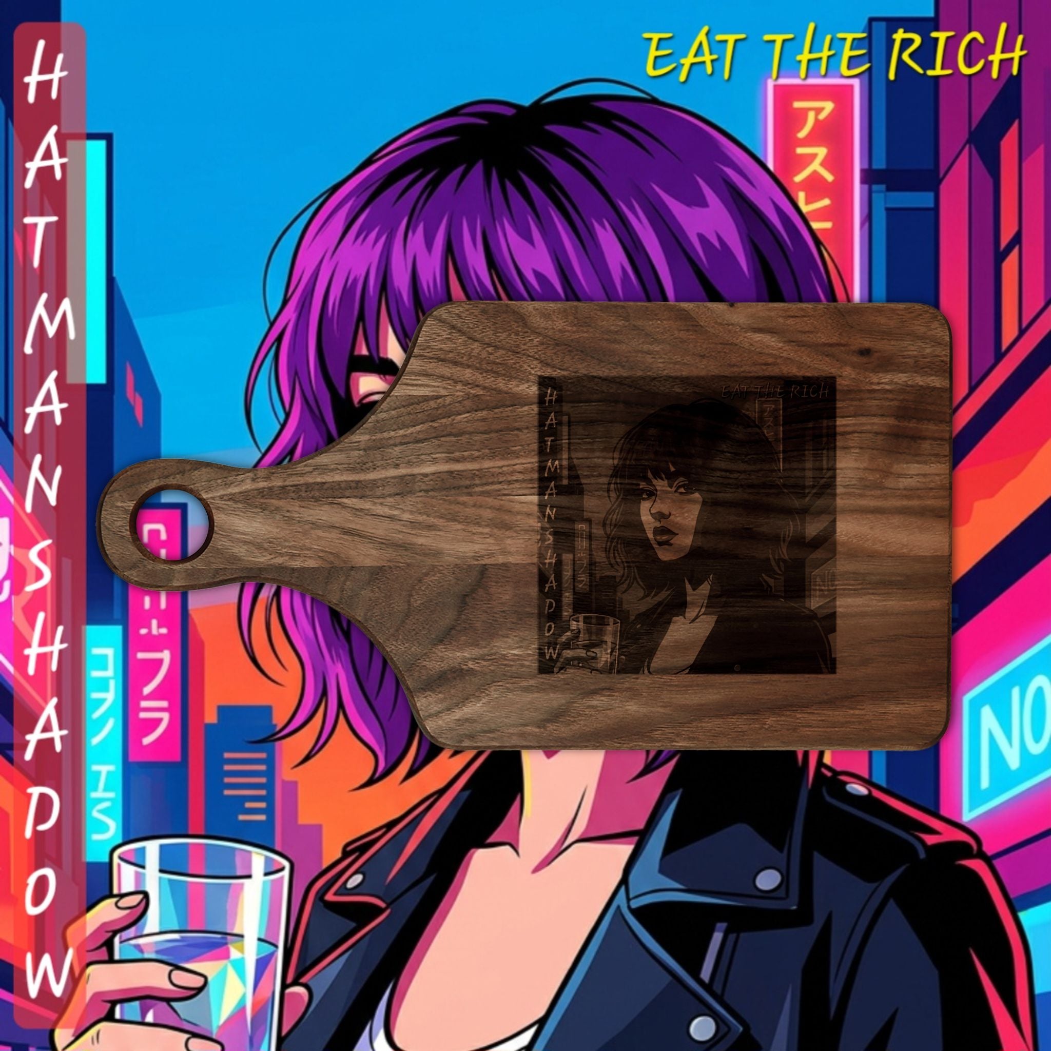 Engraved Retro Cyberpunk Woman Wooden Cutting Board – “Eat the Rich”