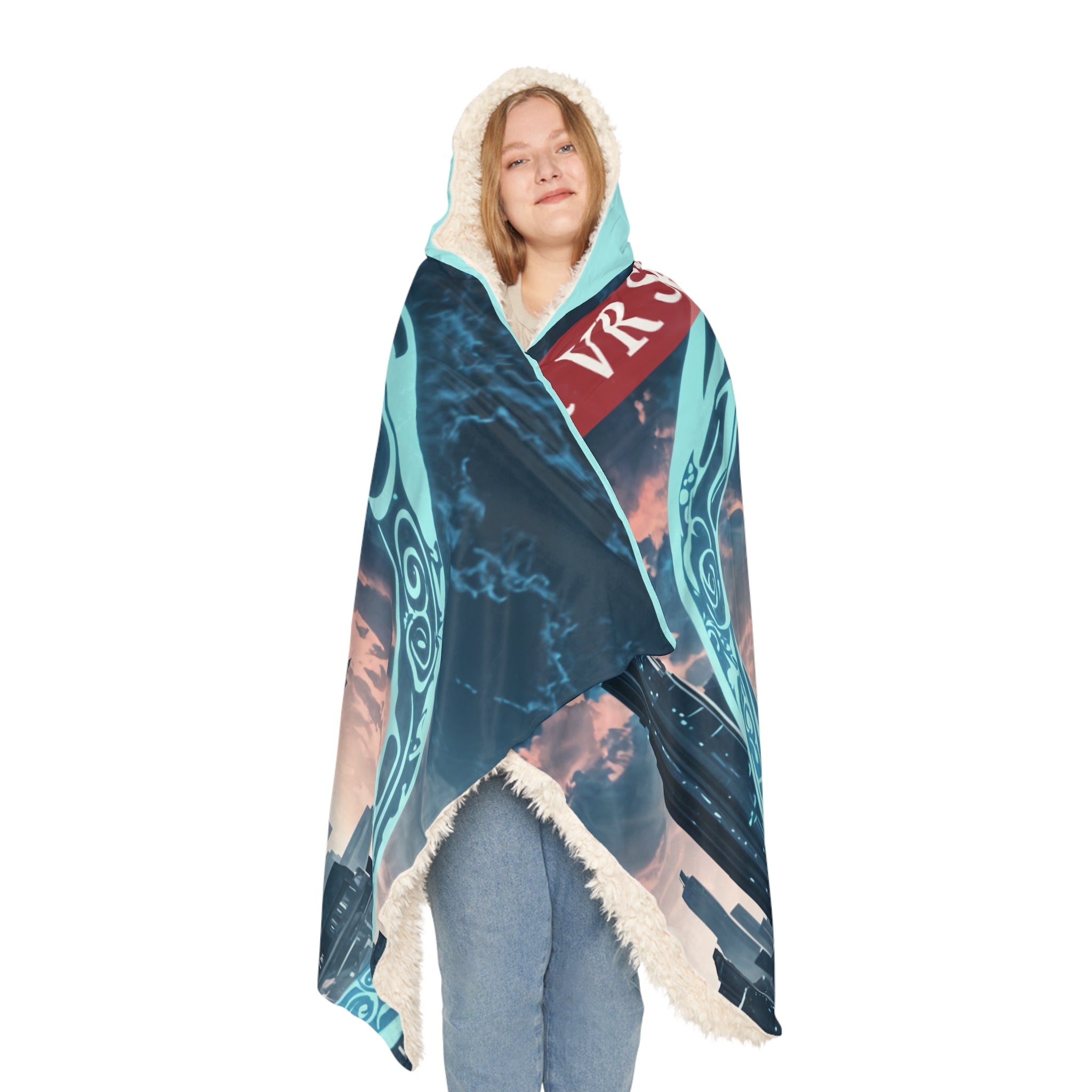 Hooded Blanket — "Love in VR Space" Futuristic Couple Cozy Throw