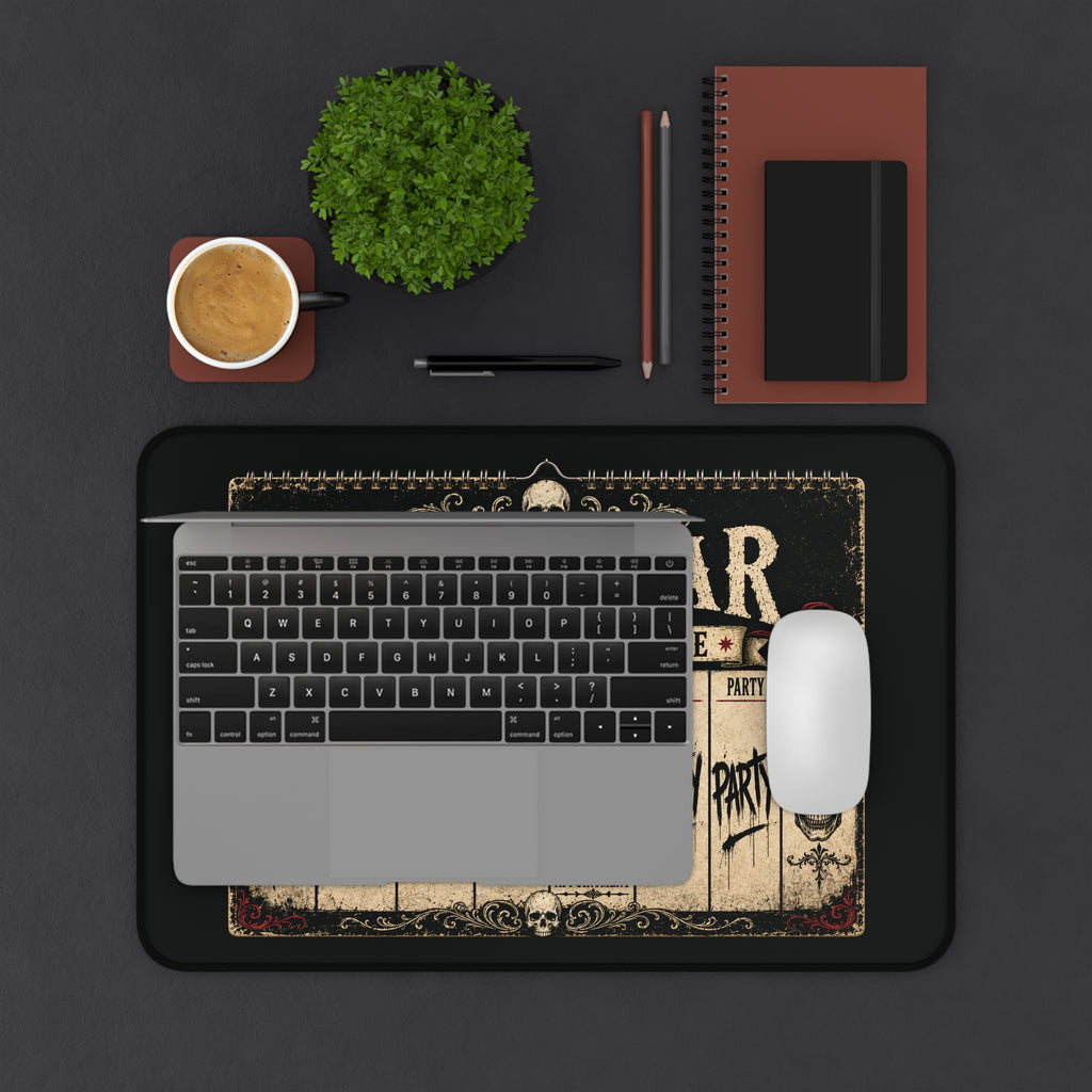 Desk Mat - 'Calendar Work-Life Balance' Funny Gothic Skull & TARDIS Gaming Desk Mat