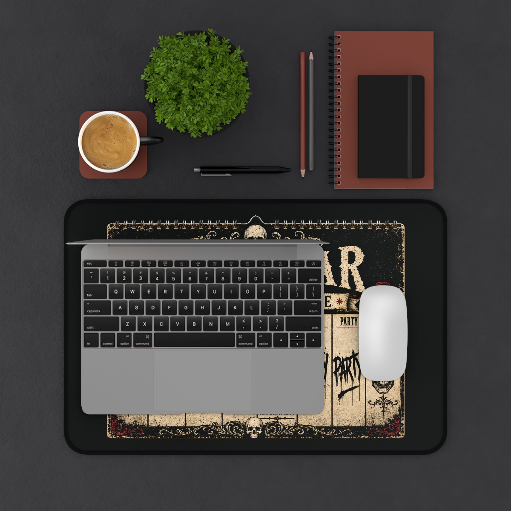 Desk Mat - 'Calendar Work-Life Balance' Funny Gothic Skull & TARDIS Gaming Desk Mat