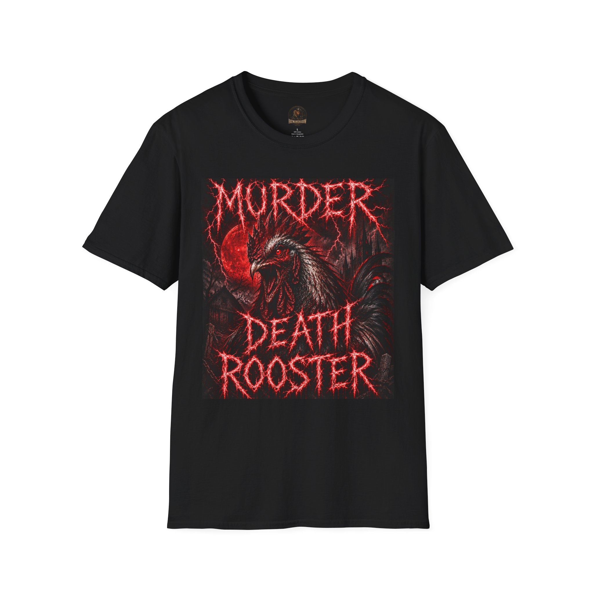 Death Rooster T-Shirt  Version 1— "Murder" Gothic Red Rooster Metal Band Tee