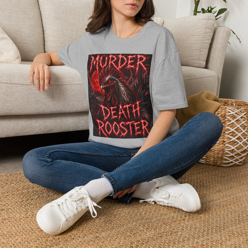 Death Rooster T-Shirt  Version 1— "Murder" Gothic Red Rooster Metal Band Tee